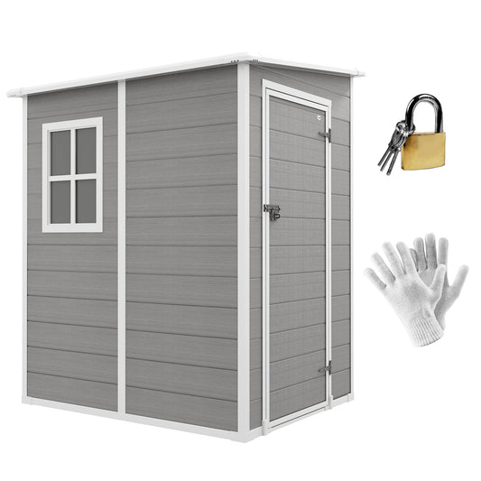 4 x 5FT Lean to Outdoor Storage Shed with Floor, Plastic Garden Tool Storage House Organizer with Window, Vent and Plastic Roof for Backyard, Patio, Lawn, Grey