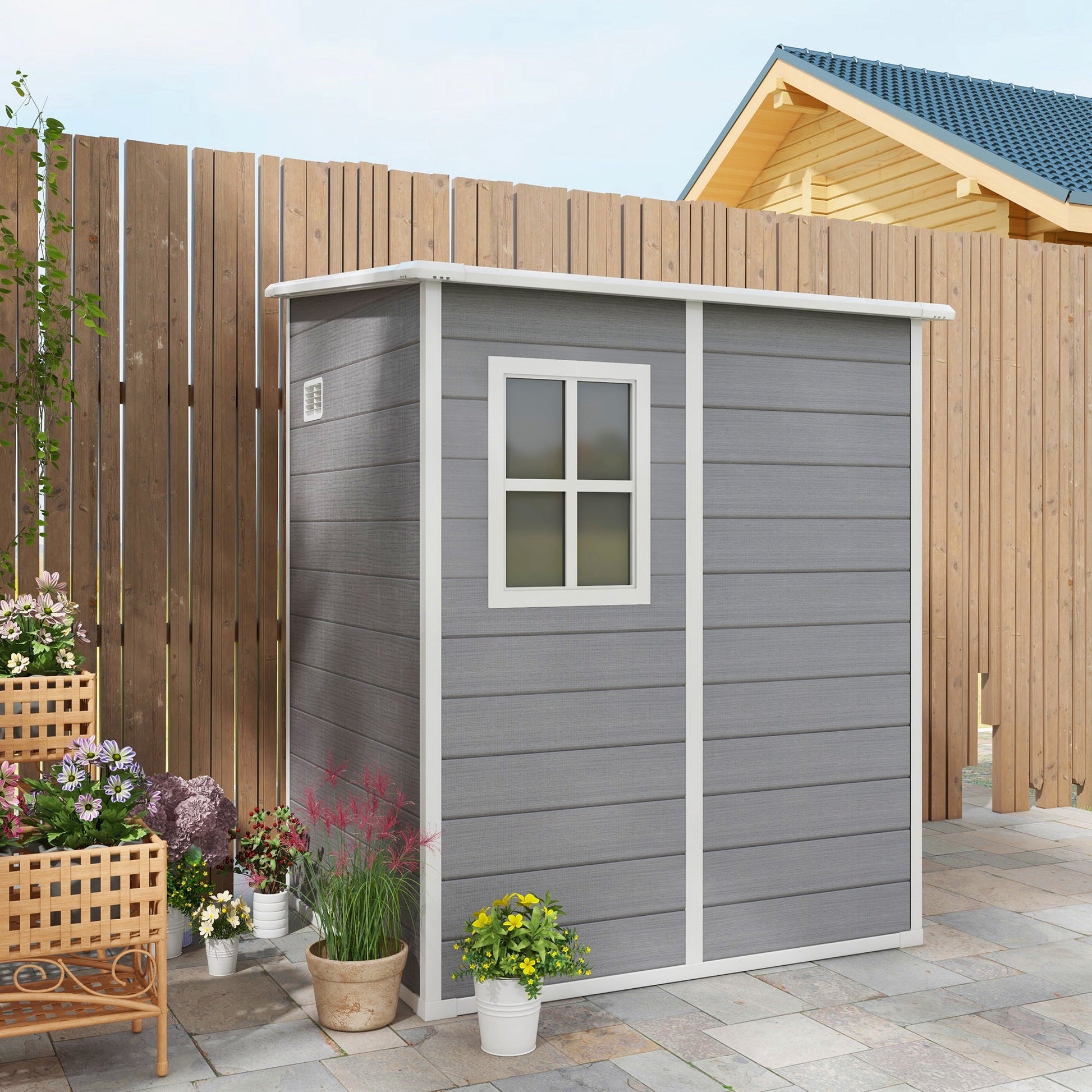 4 x 5FT Lean to Outdoor Storage Shed with Floor, Plastic Garden Tool Storage House Organizer with Window, Vent and Plastic Roof for Backyard, Patio, Lawn, Grey