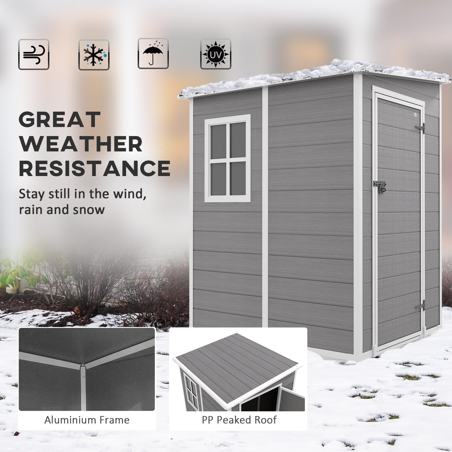4 x 5FT Lean to Outdoor Storage Shed with Floor, Plastic Garden Tool Storage House Organizer with Window, Vent and Plastic Roof for Backyard, Patio, Lawn, Grey