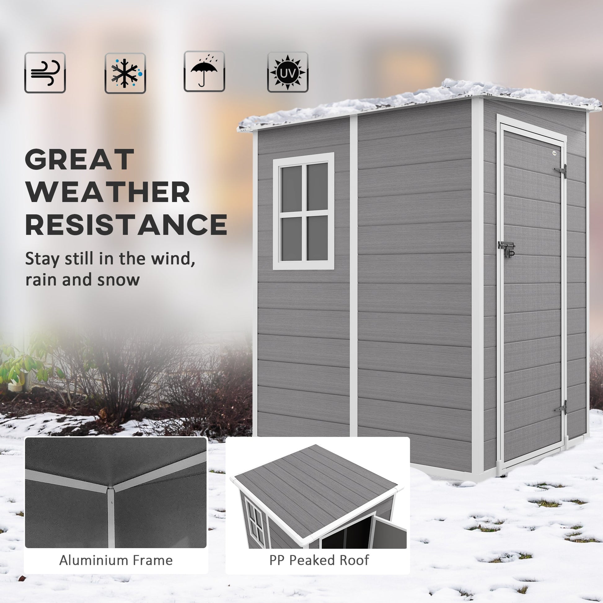 4 x 5FT Lean to Outdoor Storage Shed with Floor, Plastic Garden Tool Storage House Organizer with Window, Vent and Plastic Roof for Backyard, Patio, Lawn, Grey