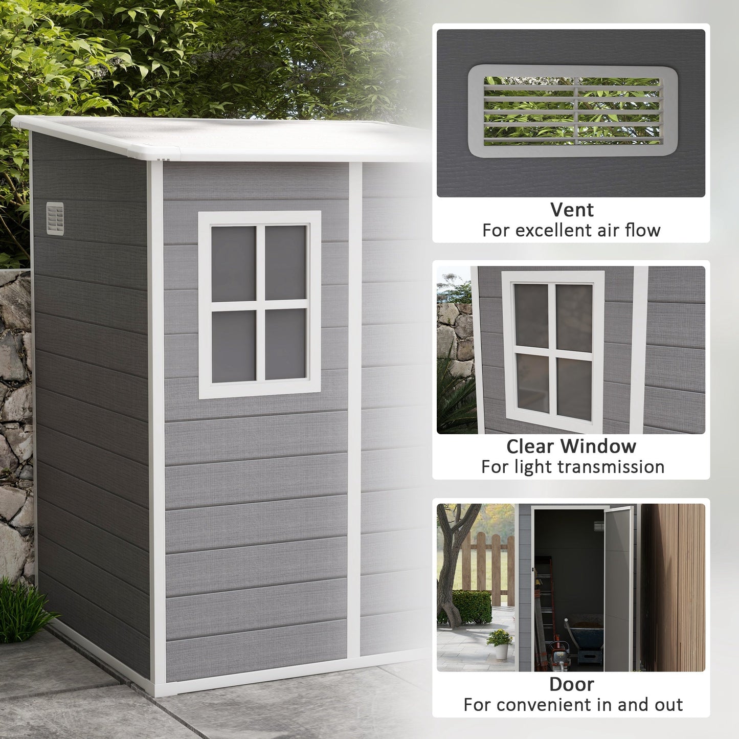4 x 5FT Lean to Outdoor Storage Shed with Floor, Plastic Garden Tool Storage House Organizer with Window, Vent and Plastic Roof for Backyard, Patio, Lawn, Grey