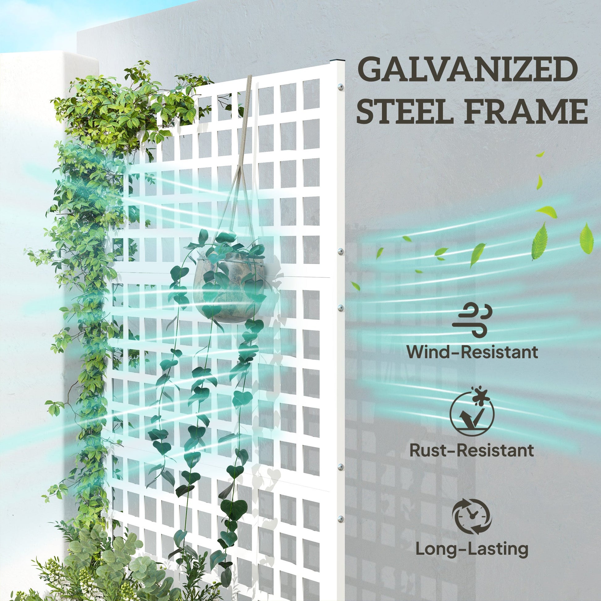 Galvanized Raised Garden Bed with Trellis, 43"x16"x70" Metal Planter Box with Drainage Holes, Outdoor Privacy Screen for Climbing Plant Vegetable Vine, White