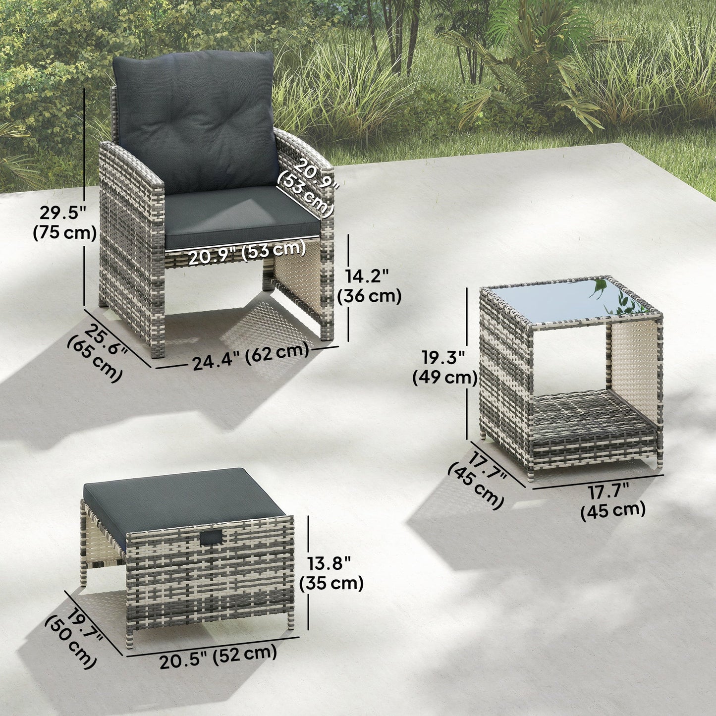 5 Piece Patio Furniture Set, Wicker Patio Chairs with Ottomans, 2-Tier Glass Coffee Table, Cushions, Outdoor Patio Furniture Conversation Set for Balcony, Grey/Dark Grey