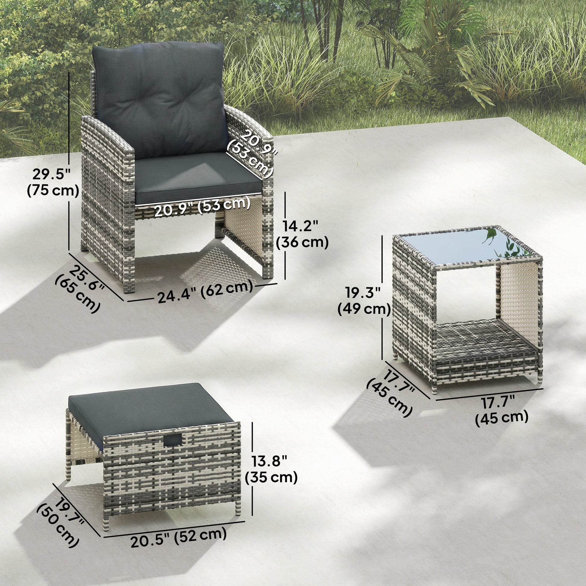 5 Piece Patio Furniture Set, Wicker Patio Chairs with Ottomans, 2-Tier Glass Coffee Table, Cushions, Outdoor Patio Furniture Conversation Set for Balcony, Grey/Dark Grey