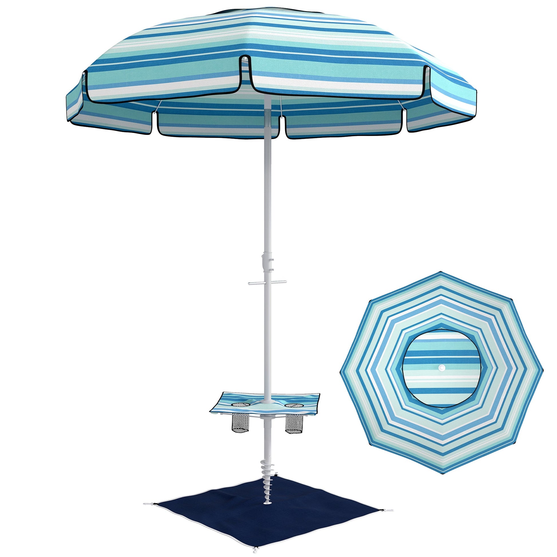 6 ft Portable Beach Umbrella with Foldable Table, Cup Holders, Tilting Outdoor Sun Shade with Sand Anchor, Sandbag, Adjustable Height, Carry Bag, UV Protection, Dark Blue