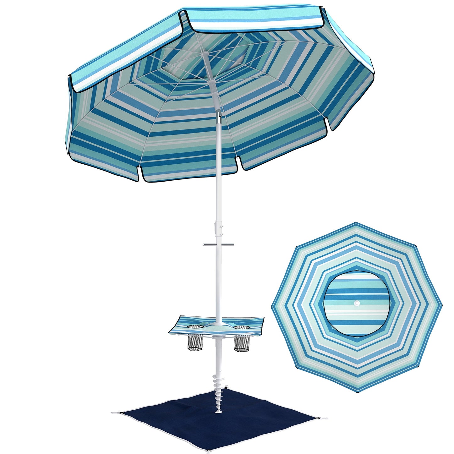 6 ft Portable Beach Umbrella with Foldable Table, Cup Holders, Tilting Outdoor Sun Shade with Sand Anchor, Sandbag, Adjustable Height, Carry Bag, UV Protection, Dark Blue