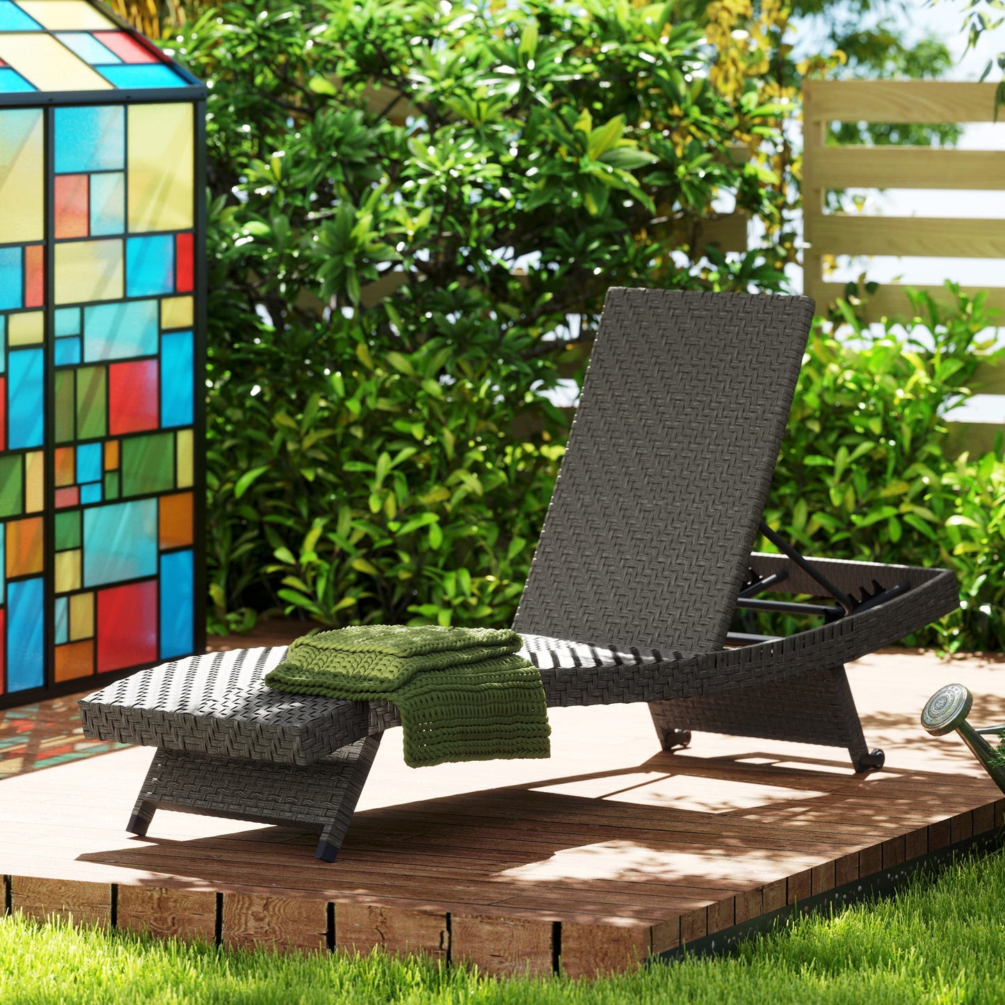 PE Rattan Patio Lounger, Foldable Outdoor Lounge Chair with 5-Level Adjustable Backrest, Two Wheels, and Quick-Drying Foam, for Sun Room, Garden, Poolside, Mixed Grey