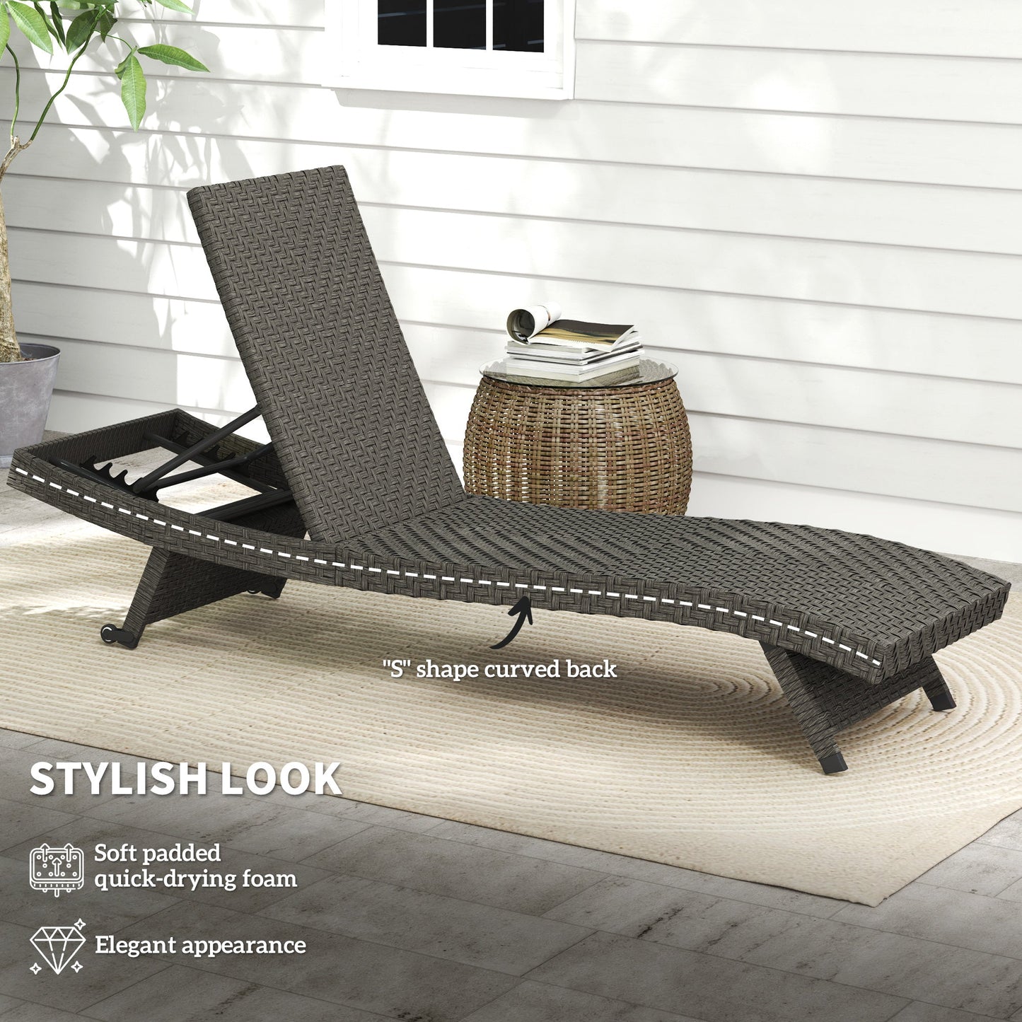 PE Rattan Patio Lounger, Foldable Outdoor Lounge Chair with 5-Level Adjustable Backrest, Two Wheels, and Quick-Drying Foam, for Sun Room, Garden, Poolside, Mixed Grey