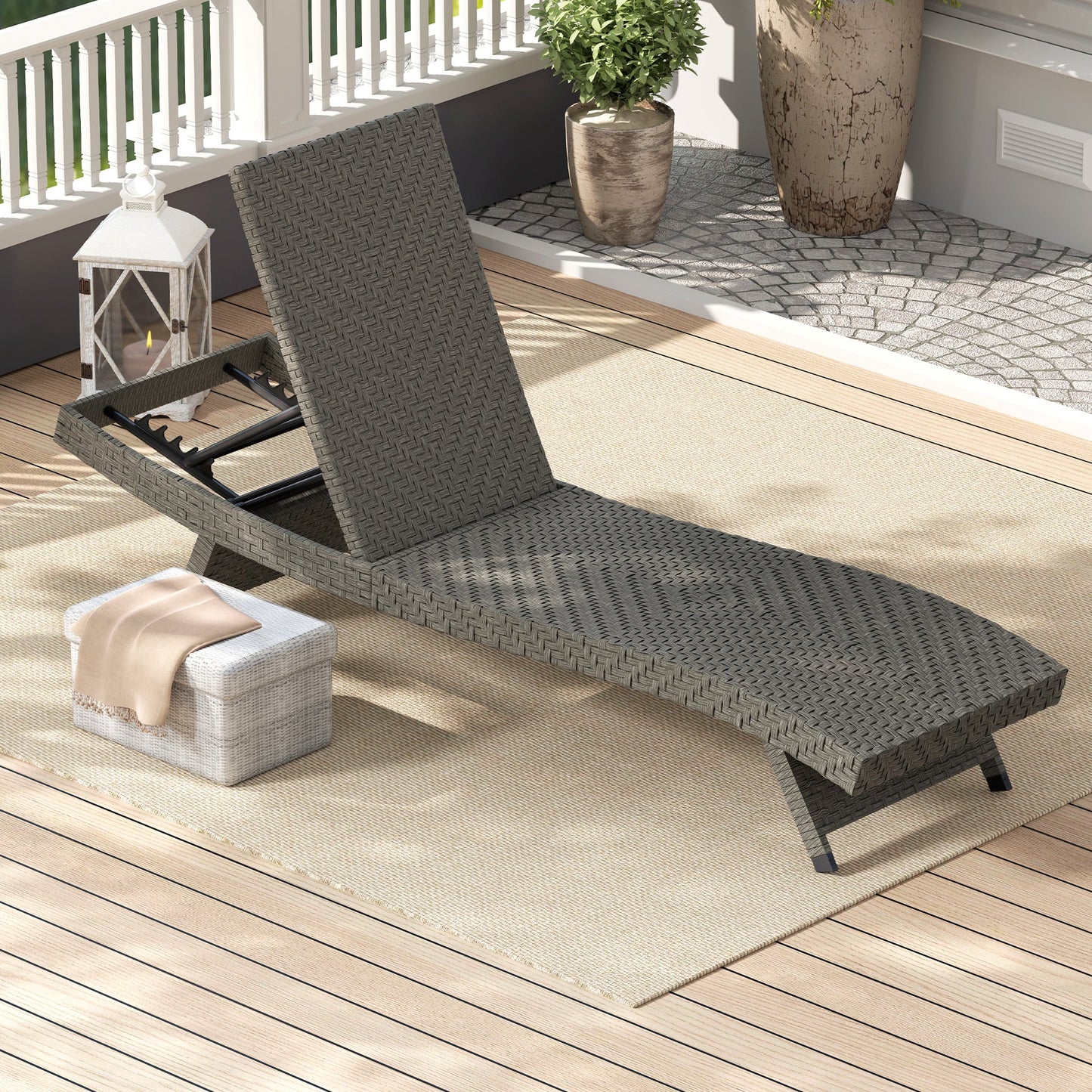 PE Rattan Patio Lounger, Foldable Outdoor Lounge Chair with 5-Level Adjustable Backrest, Two Wheels, and Quick-Drying Foam, for Sun Room, Garden, Poolside, Mixed Grey