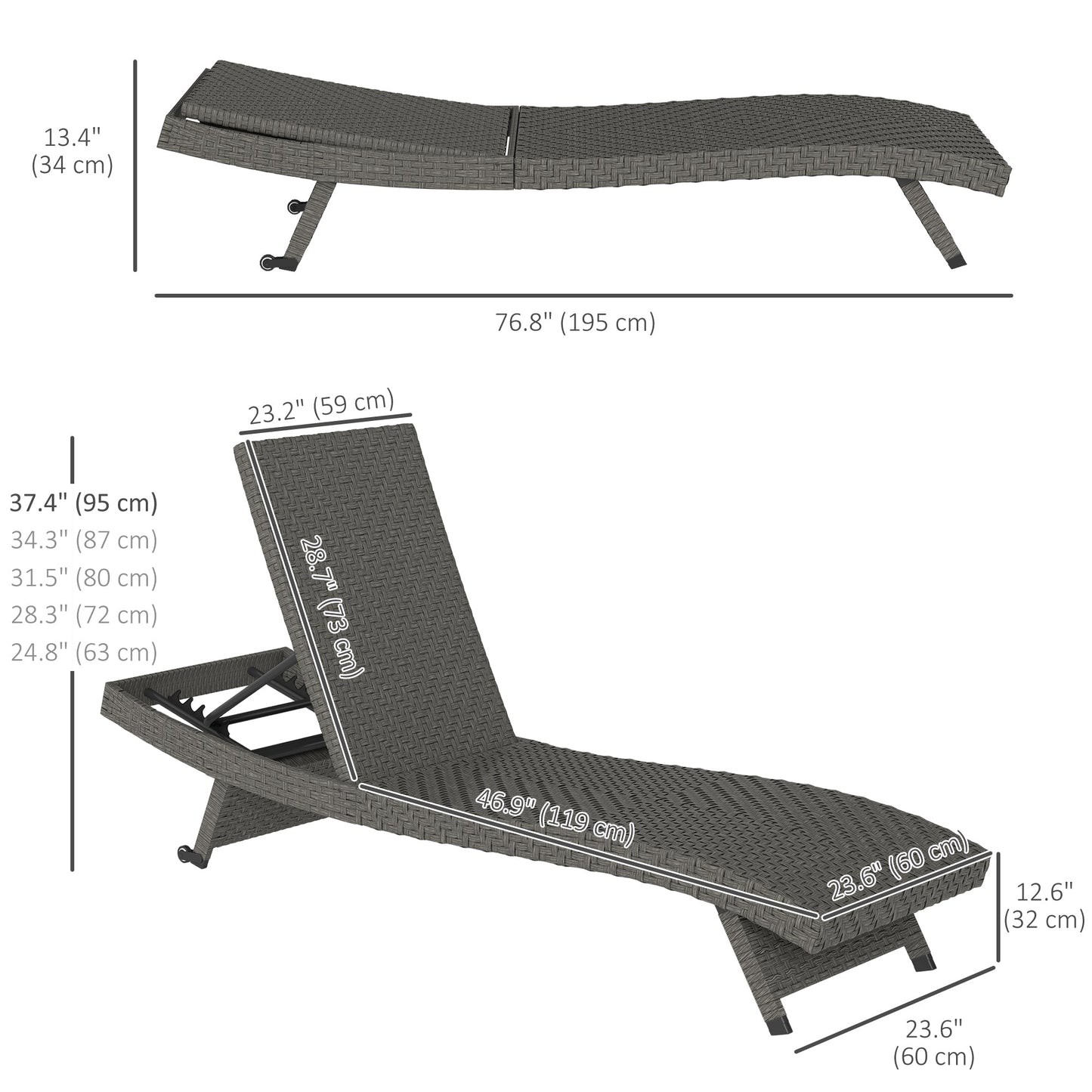 PE Rattan Patio Lounger, Foldable Outdoor Lounge Chair with 5-Level Adjustable Backrest, Two Wheels, and Quick-Drying Foam, for Sun Room, Garden, Poolside, Mixed Grey