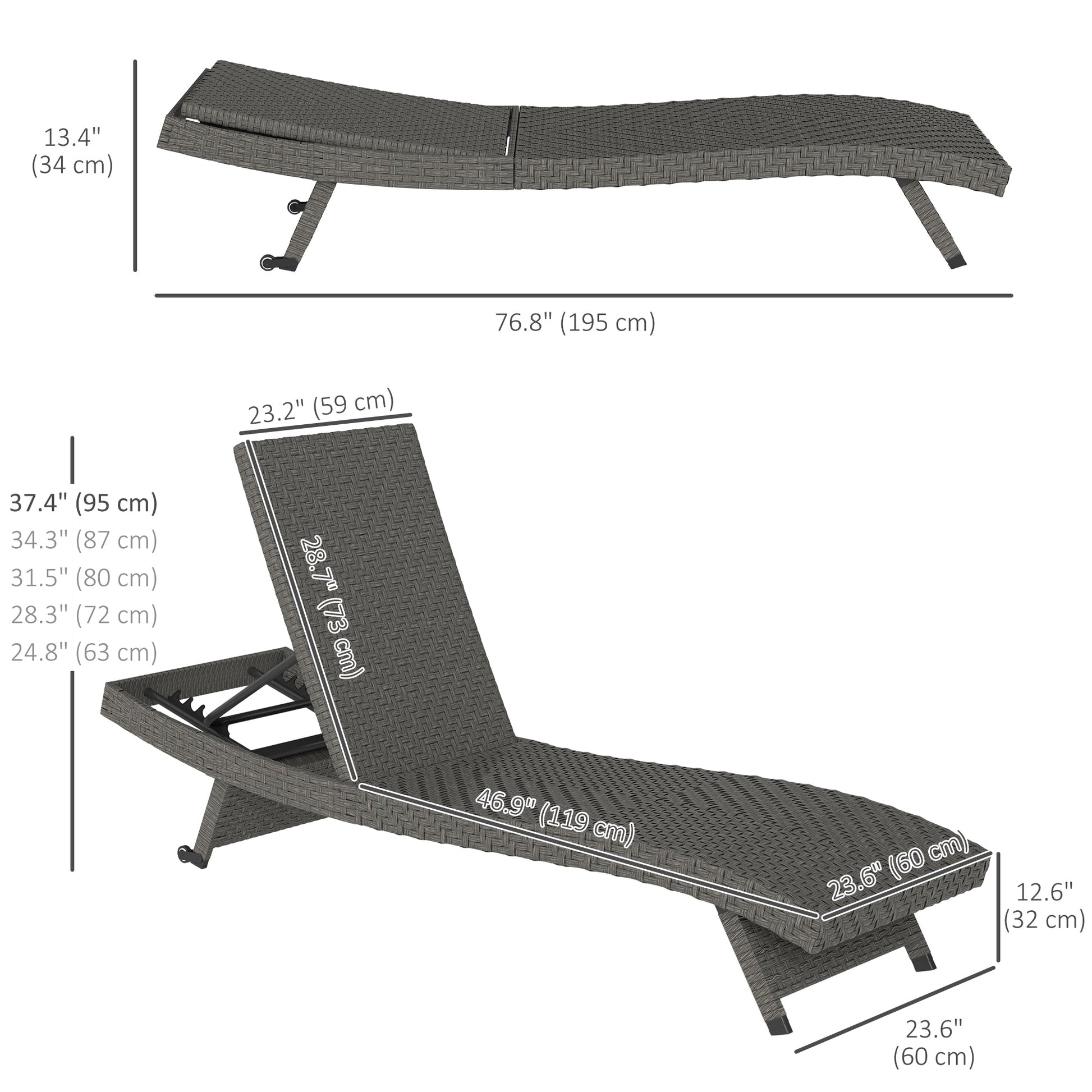 PE Rattan Patio Lounger, Foldable Outdoor Lounge Chair with 5-Level Adjustable Backrest, Two Wheels, and Quick-Drying Foam, for Sun Room, Garden, Poolside, Mixed Grey