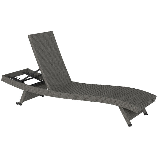 PE Rattan Patio Lounger, Foldable Outdoor Lounge Chair with 5-Level Adjustable Backrest, Two Wheels, and Quick-Drying Foam, for Sun Room, Garden, Poolside, Mixed Grey