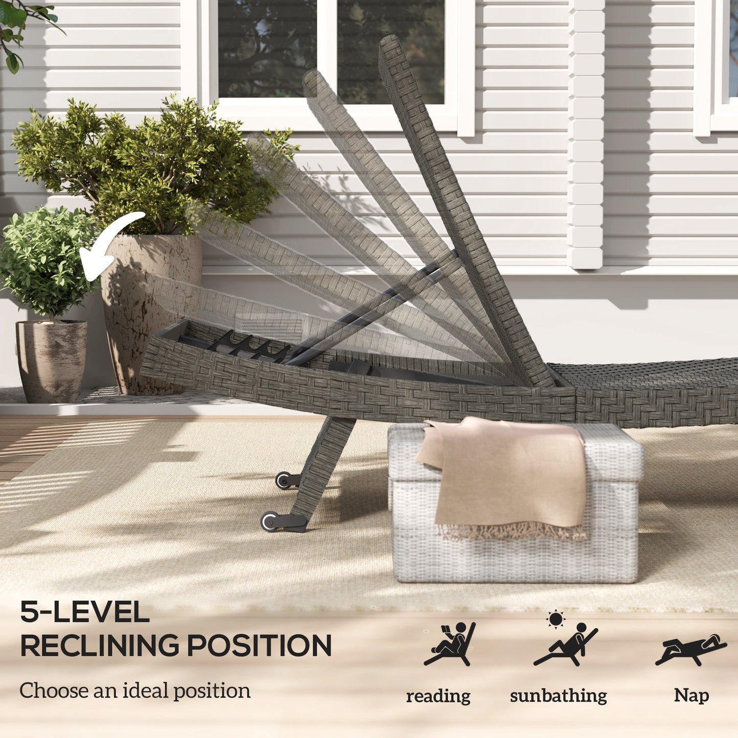PE Rattan Patio Lounger, Foldable Outdoor Lounge Chair with 5-Level Adjustable Backrest, Two Wheels, and Quick-Drying Foam, for Sun Room, Garden, Poolside, Mixed Grey