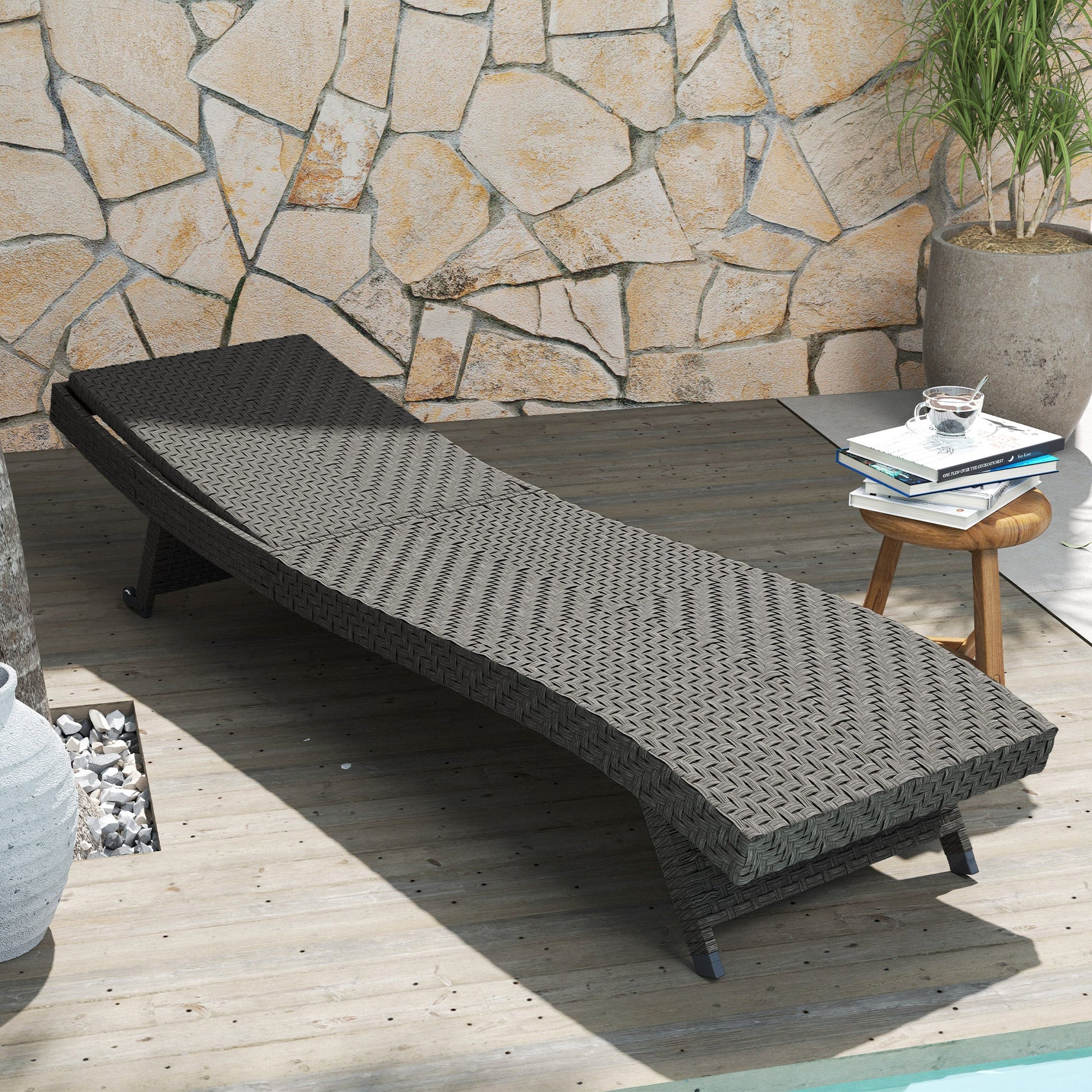 PE Rattan Patio Lounger, Foldable Outdoor Lounge Chair with 5-Level Adjustable Backrest, Two Wheels, and Quick-Drying Foam, for Sun Room, Garden, Poolside, Mixed Grey