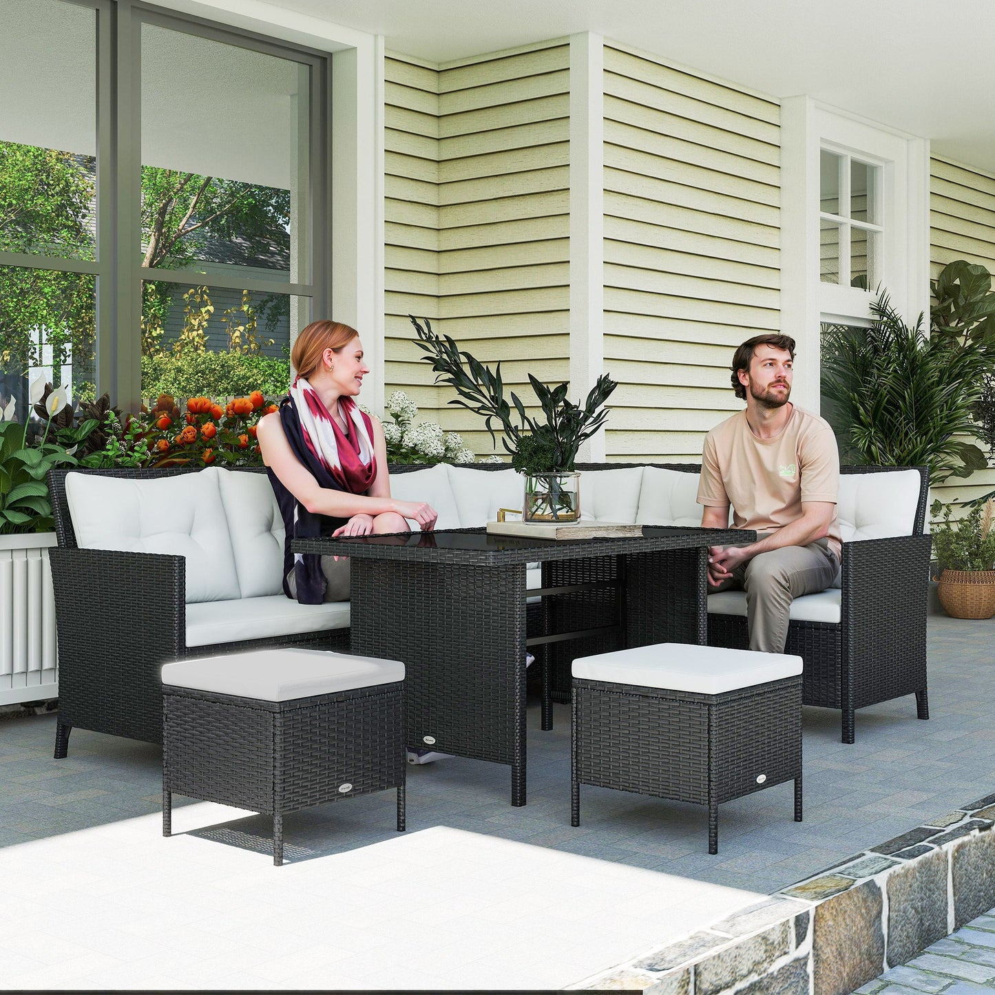 6 Pieces Patio Dining Set Wicker Outdoor Furniture Set Garden Rattan Sofa Set Outdoor Sectional Couch with Cushions, Dining Table and Ottomans, White