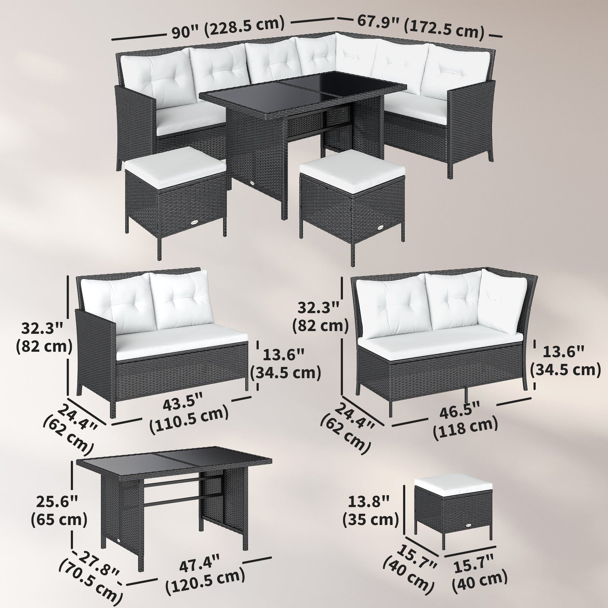 6 Pieces Patio Dining Set Wicker Outdoor Furniture Set Garden Rattan Sofa Set Outdoor Sectional Couch with Cushions, Dining Table and Ottomans, White