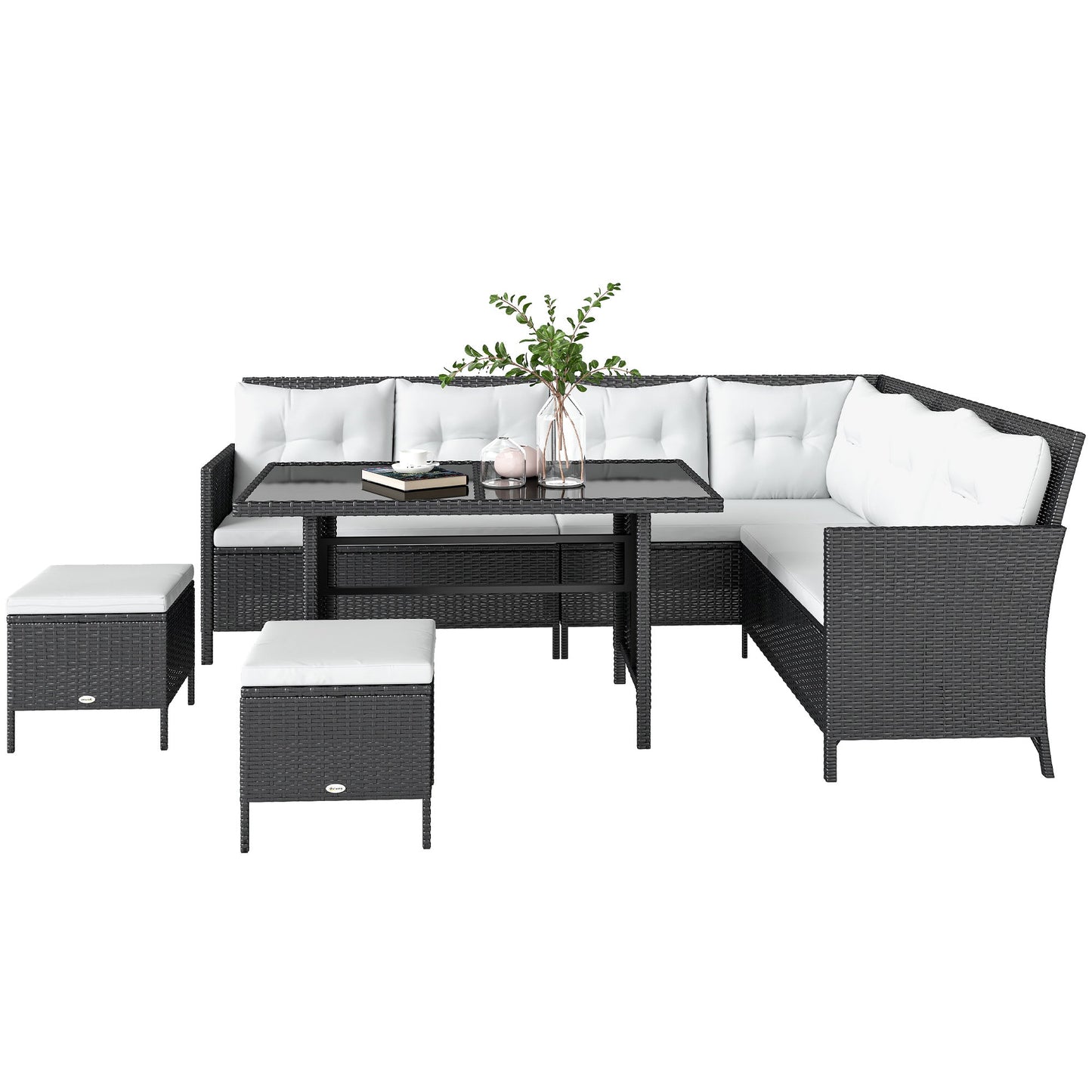 6 Pieces Patio Dining Set Wicker Outdoor Furniture Set Garden Rattan Sofa Set Outdoor Sectional Couch with Cushions, Dining Table and Ottomans, White