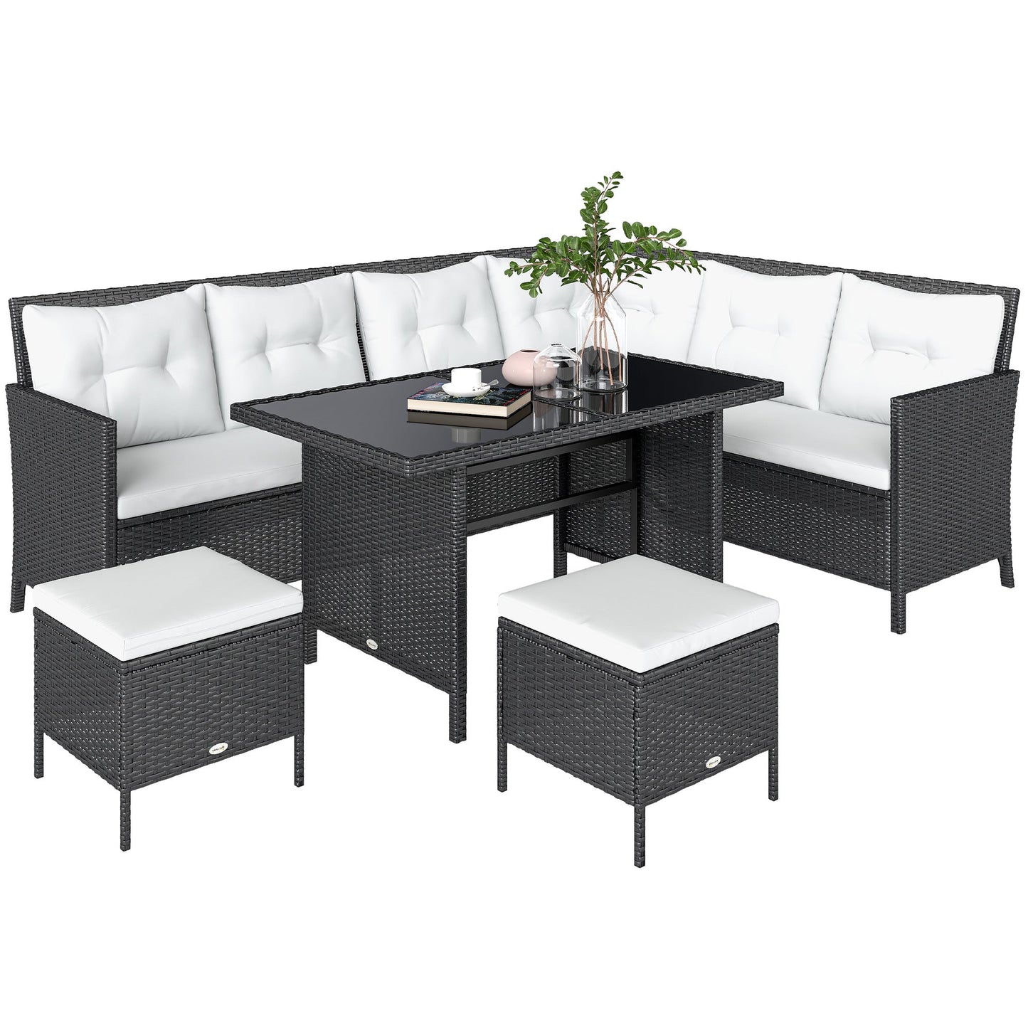6 Pieces Patio Dining Set Wicker Outdoor Furniture Set Garden Rattan Sofa Set Outdoor Sectional Couch with Cushions, Dining Table and Ottomans, White