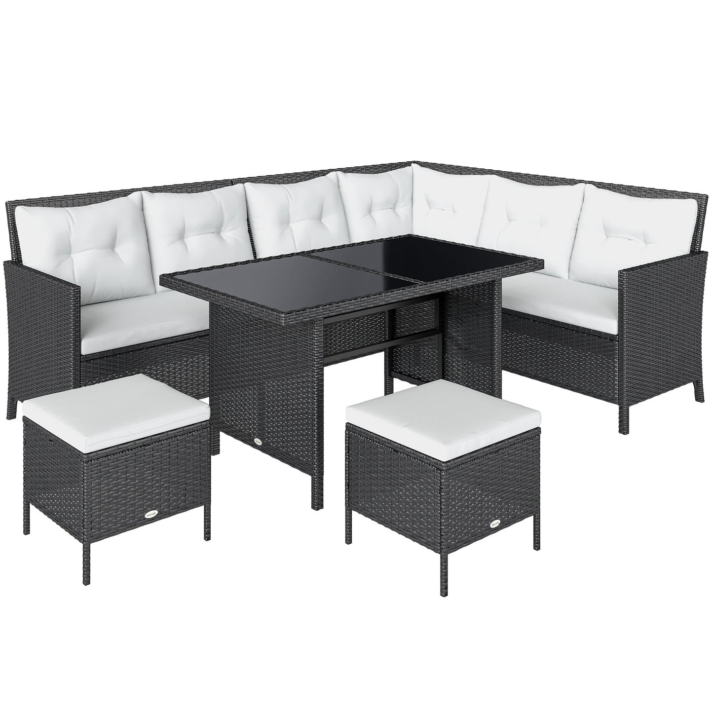 6 Pieces Patio Dining Set Wicker Outdoor Furniture Set Garden Rattan Sofa Set Outdoor Sectional Couch with Cushions, Dining Table and Ottomans, White