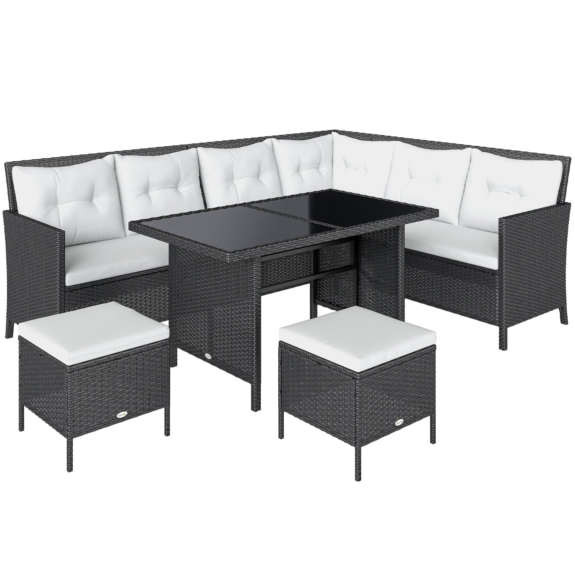 6 Pieces Patio Dining Set Wicker Outdoor Furniture Set Garden Rattan Sofa Set Outdoor Sectional Couch with Cushions, Dining Table and Ottomans, White