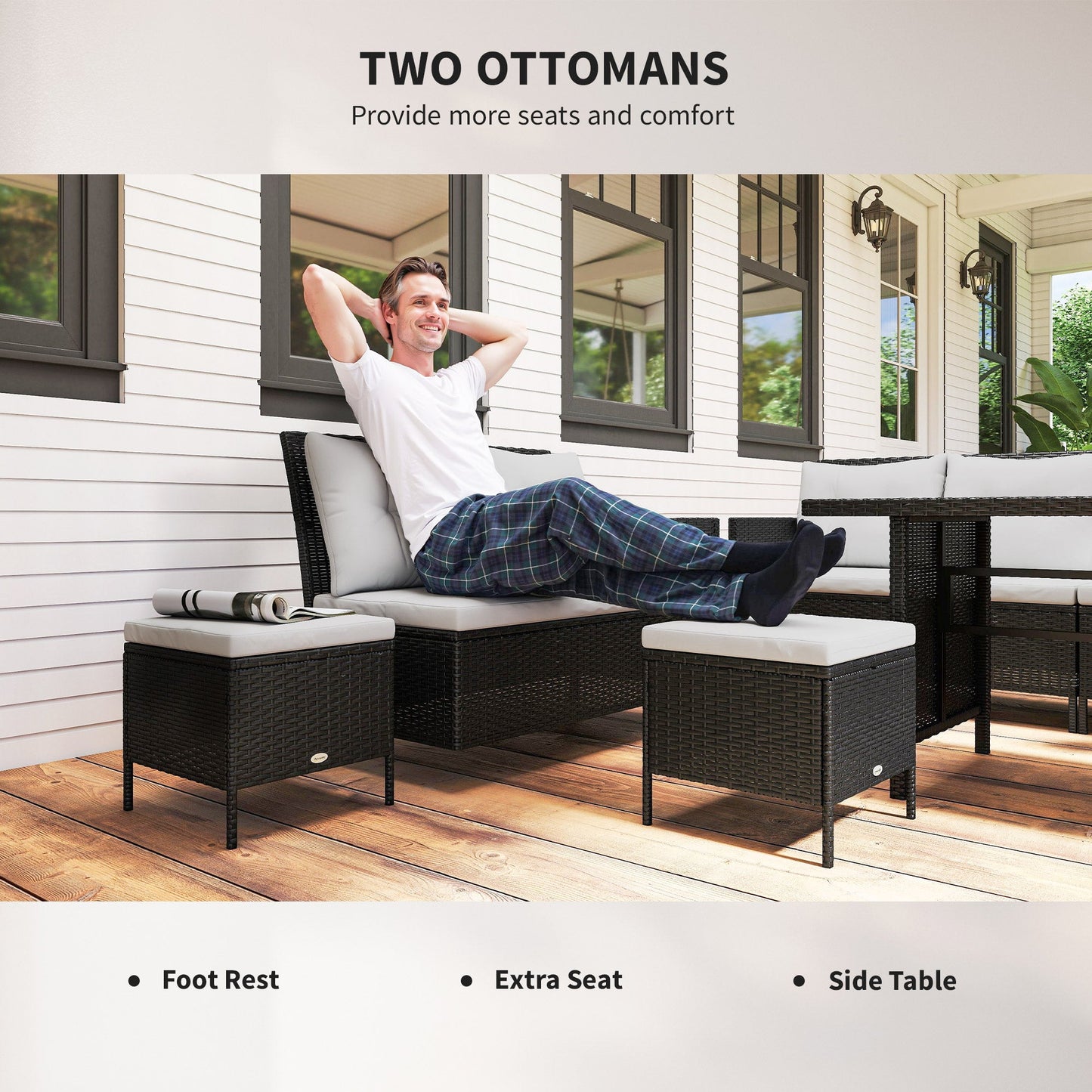 6 Pieces Patio Dining Set Wicker Outdoor Furniture Set Garden Rattan Sofa Set Outdoor Sectional Couch with Cushions, Dining Table and Ottomans, White