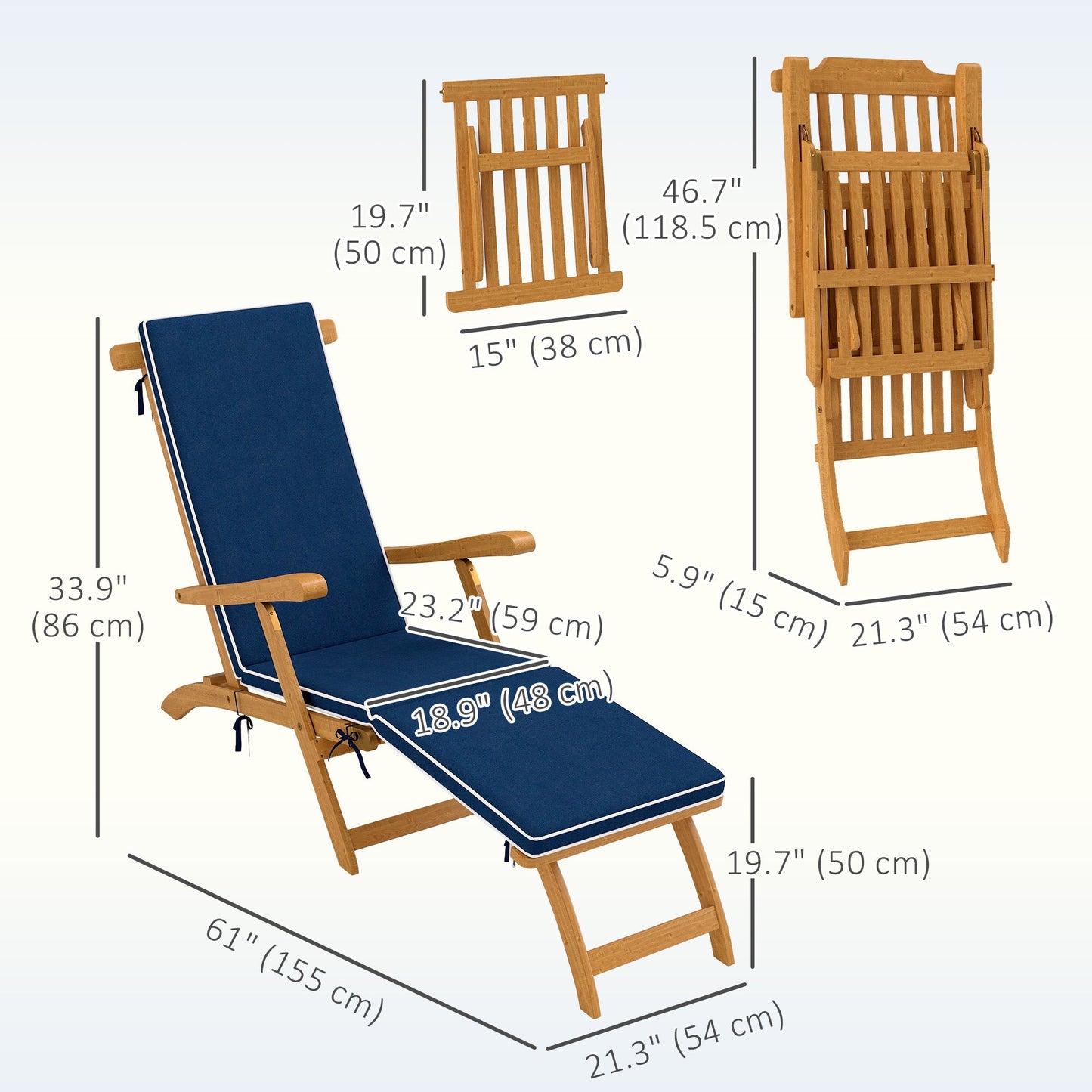 Outdoor Lounge Chair, Acacia Wood Folding Chaise Lounge Chair Recliner with Adjustable Footrest, Padded Cushion, Recline Back and Armrests for Patio Garden, Navy Blue