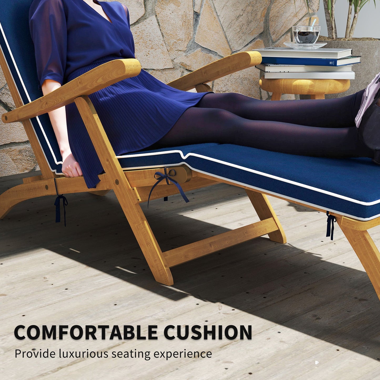 Outdoor Lounge Chair, Acacia Wood Folding Chaise Lounge Chair Recliner with Adjustable Footrest, Padded Cushion, Recline Back and Armrests for Patio Garden, Navy Blue