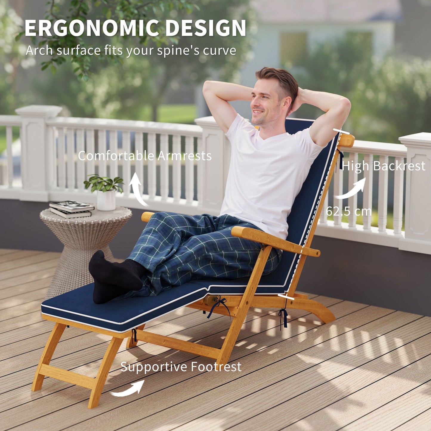 Outdoor Lounge Chair, Acacia Wood Folding Chaise Lounge Chair Recliner with Adjustable Footrest, Padded Cushion, Recline Back and Armrests for Patio Garden, Navy Blue