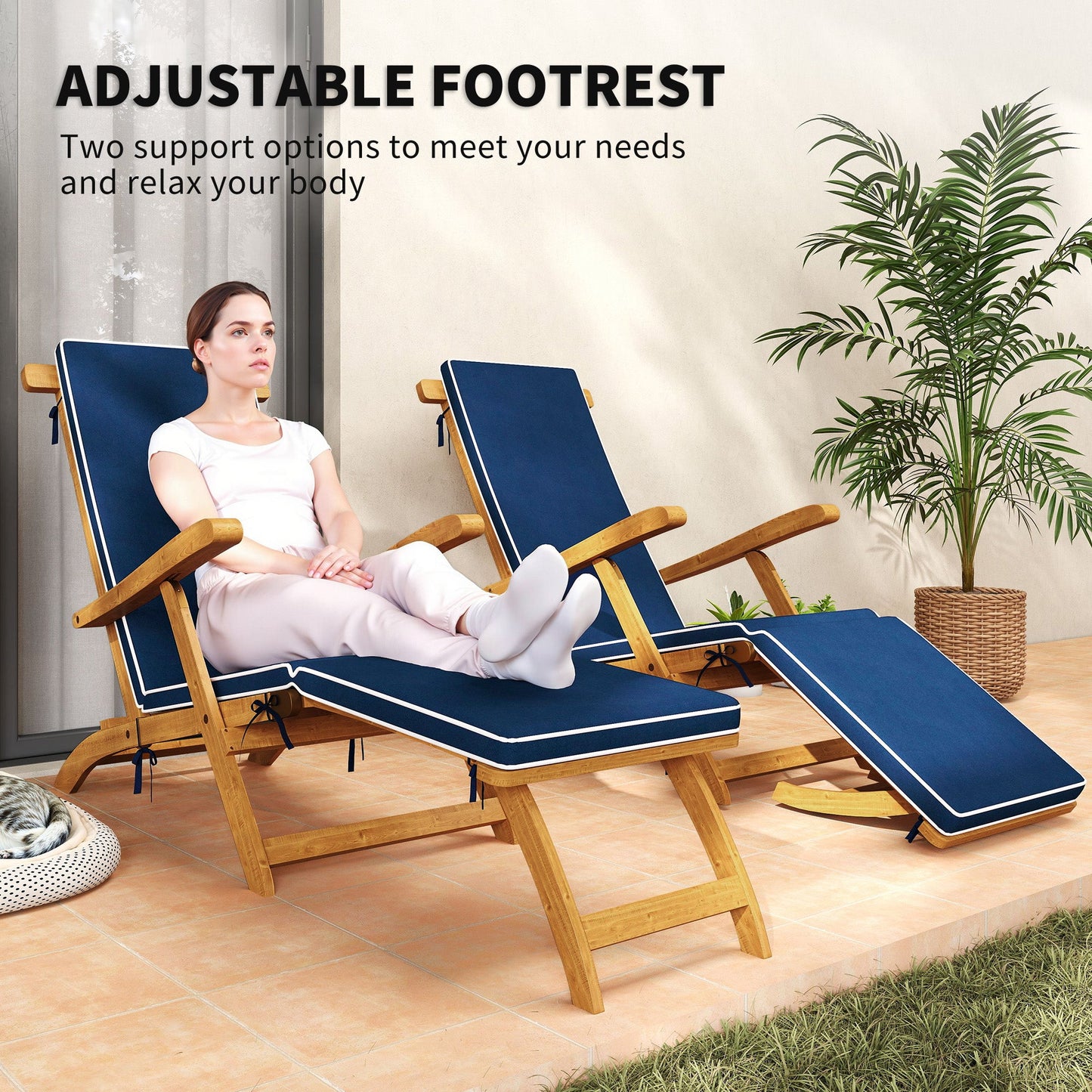 Outdoor Lounge Chair, Acacia Wood Folding Chaise Lounge Chair Recliner with Adjustable Footrest, Padded Cushion, Recline Back and Armrests for Patio Garden, Navy Blue