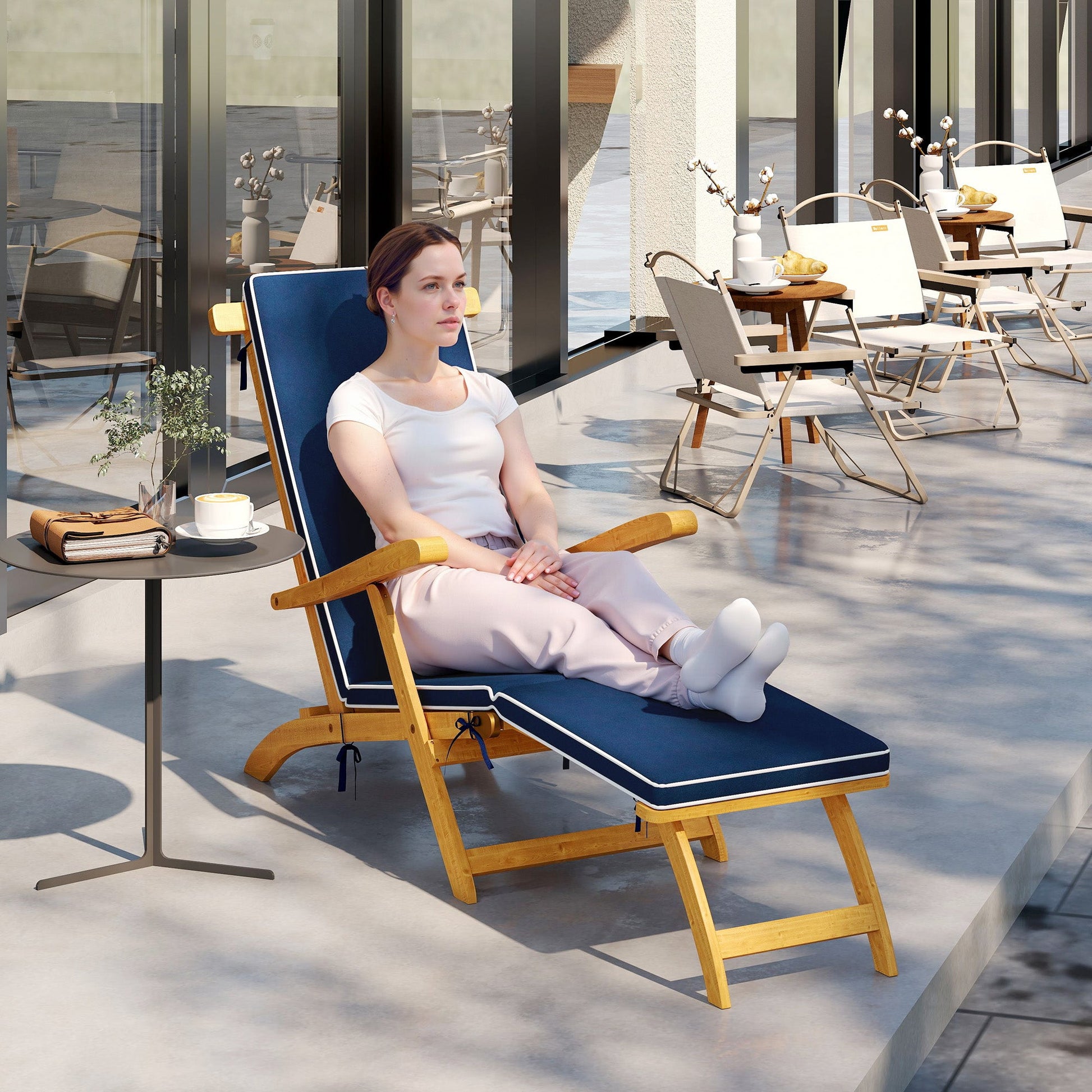 Outdoor Lounge Chair, Acacia Wood Folding Chaise Lounge Chair Recliner with Adjustable Footrest, Padded Cushion, Recline Back and Armrests for Patio Garden, Navy Blue