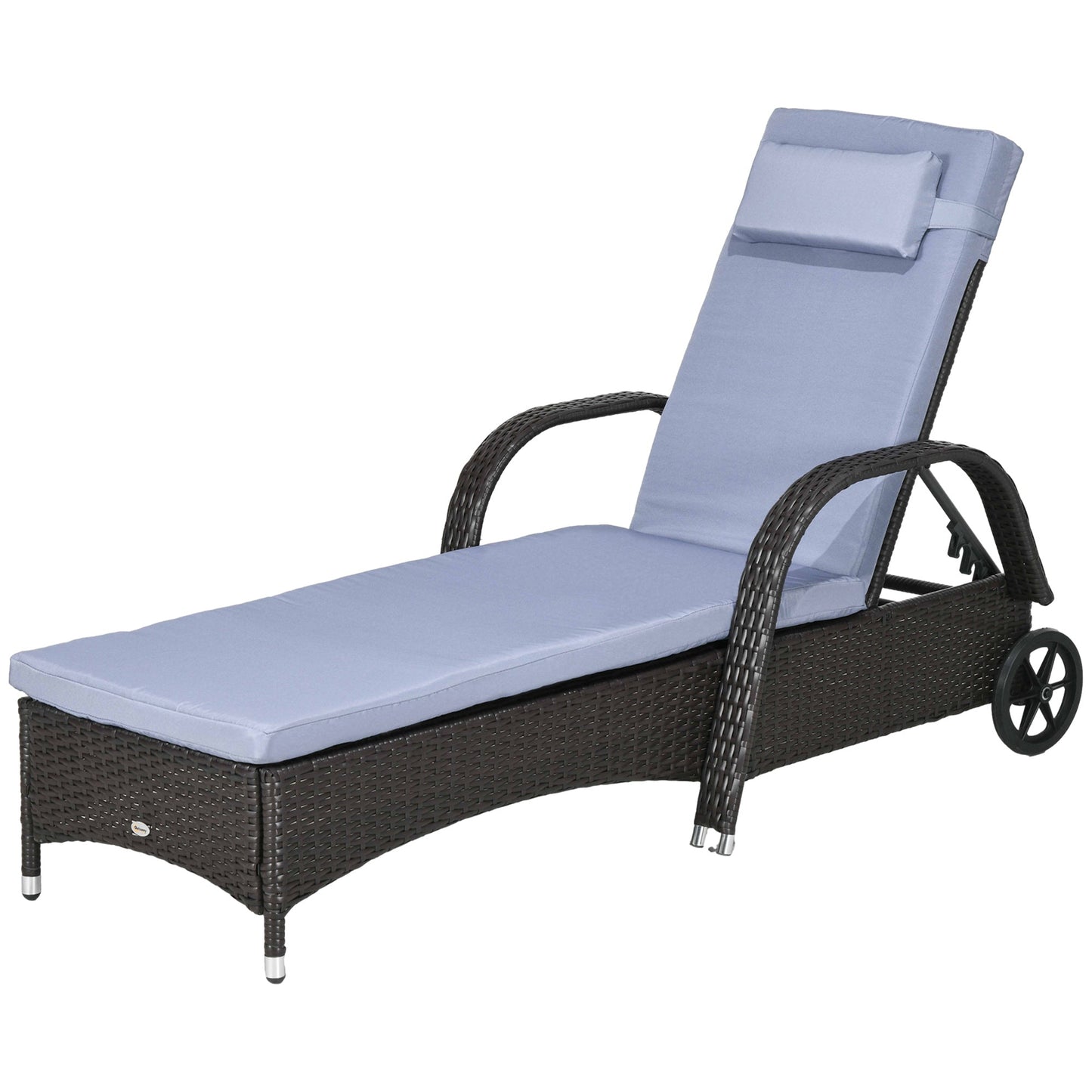 Wicker Chaise Lounge, Outdoor Lounge Chair, PE Rattan Patio Sun lounger with Head-rest, 5-Level Height Adjust Backrest, Cushion, & Wheels, Deep Coffee and Silver Grey