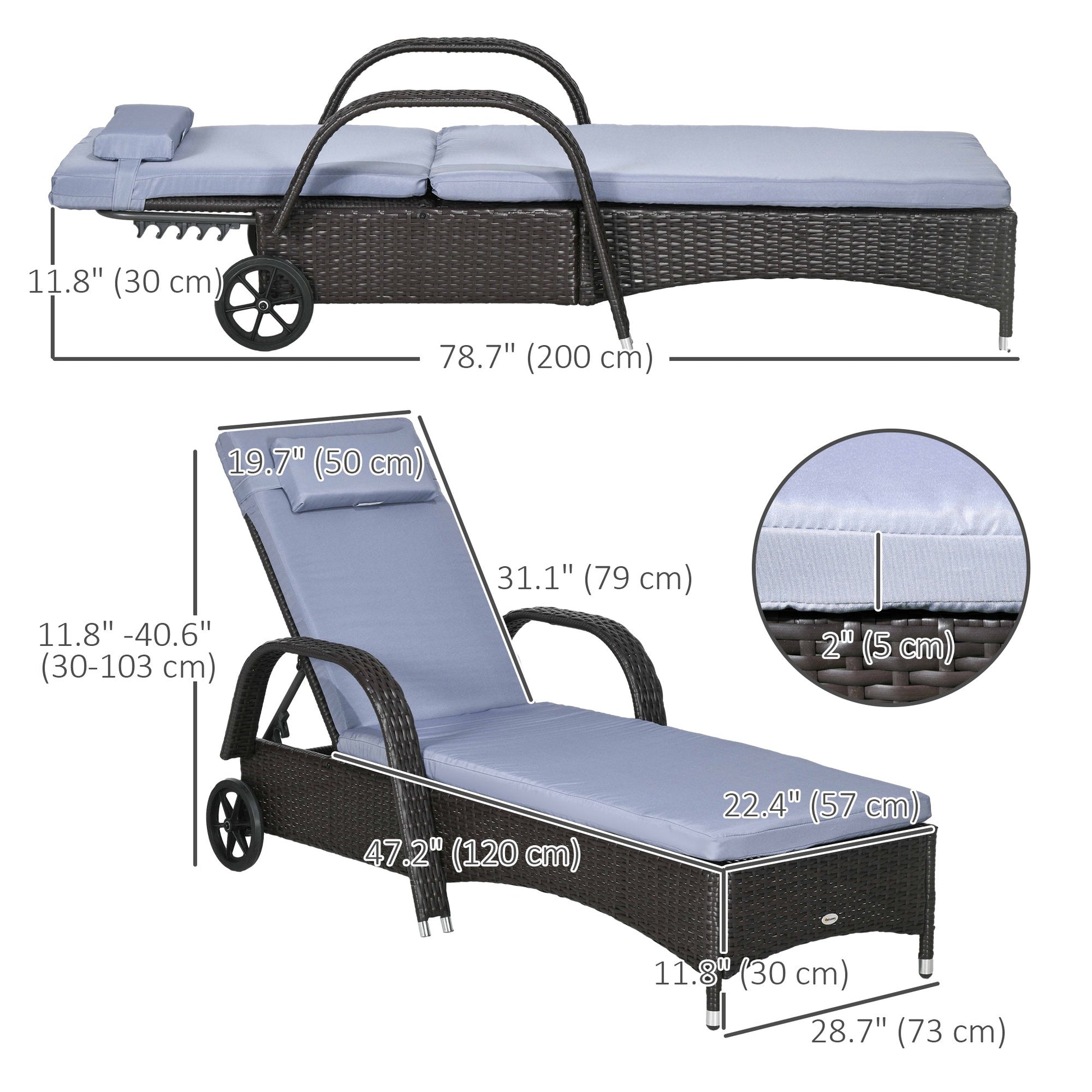Wicker Chaise Lounge, Outdoor Lounge Chair, PE Rattan Patio Sun lounger with Head-rest, 5-Level Height Adjust Backrest, Cushion, & Wheels, Deep Coffee and Silver Grey