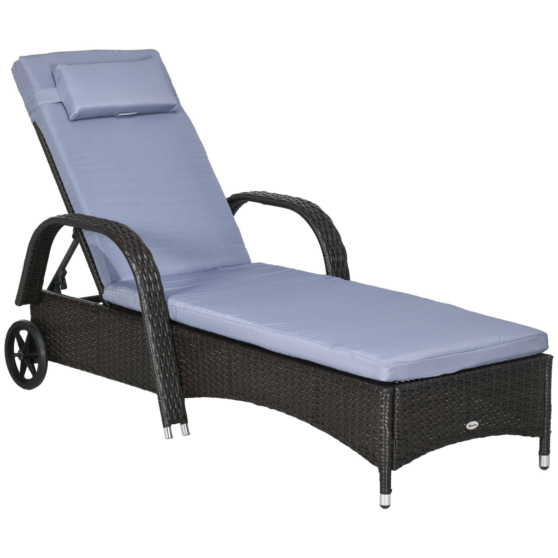 Wicker Chaise Lounge, Outdoor Lounge Chair, PE Rattan Patio Sun lounger with Head-rest, 5-Level Height Adjust Backrest, Cushion, & Wheels, Deep Coffee and Silver Grey