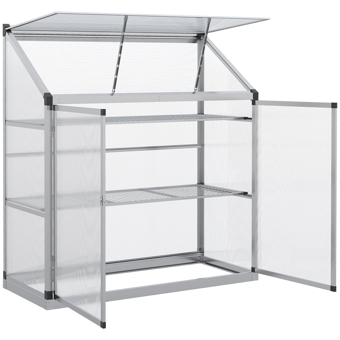Aluminum Cold Frame Greenhouse, Raised Planter Bed Protection with Openable Top and 2 Shelves for Outdoor Indoor, 52" x 23" x 55", Silver