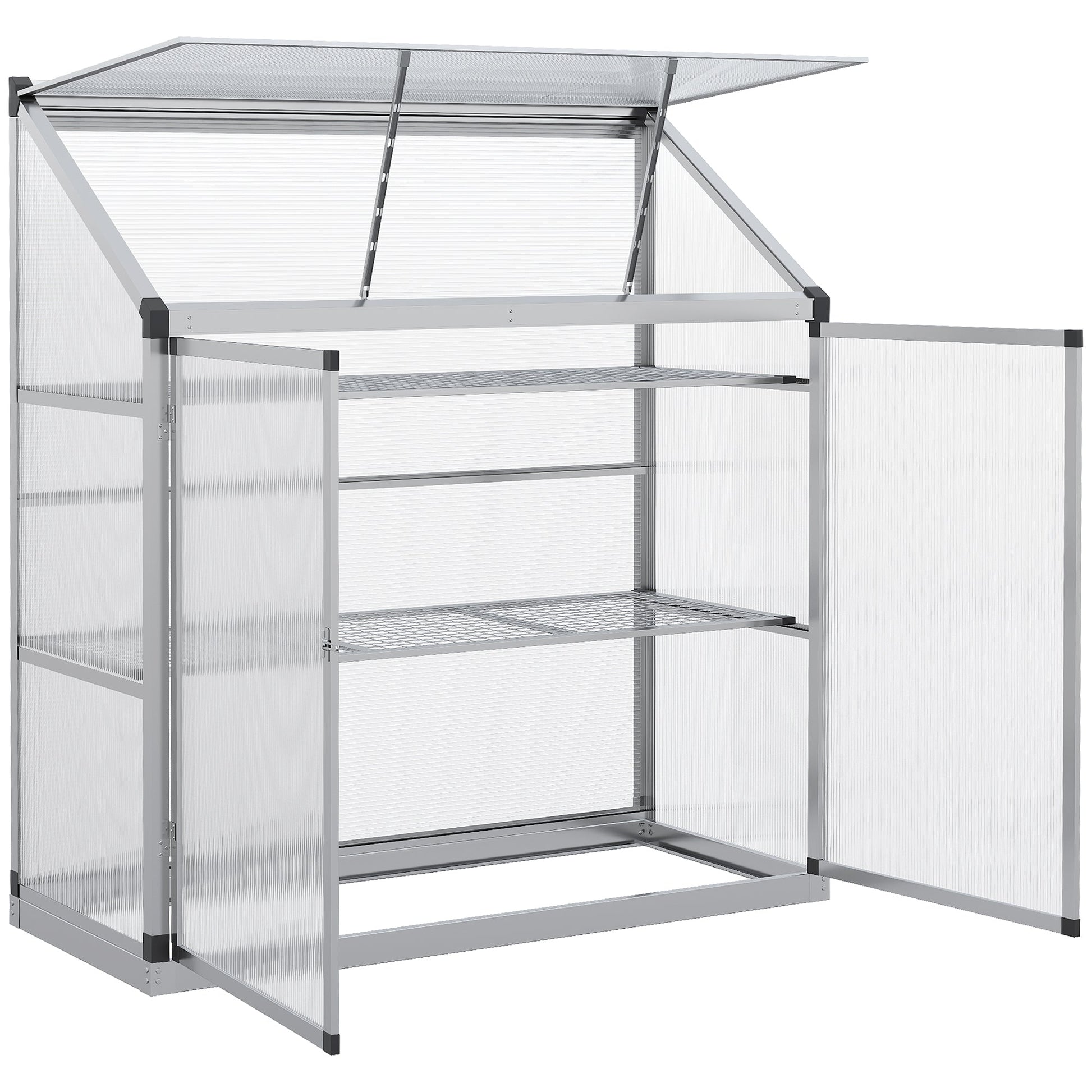 Aluminum Cold Frame Greenhouse, Raised Planter Bed Protection with Openable Top and 2 Shelves for Outdoor Indoor, 52" x 23" x 55", Silver