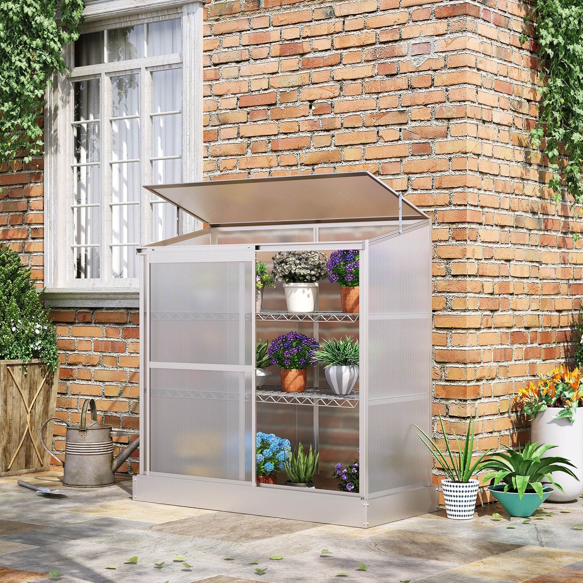 Aluminum Cold Frame Greenhouse, Raised Planter Bed Protection with Openable Top and 2 Shelves for Outdoor Indoor, 52" x 23" x 55", Silver
