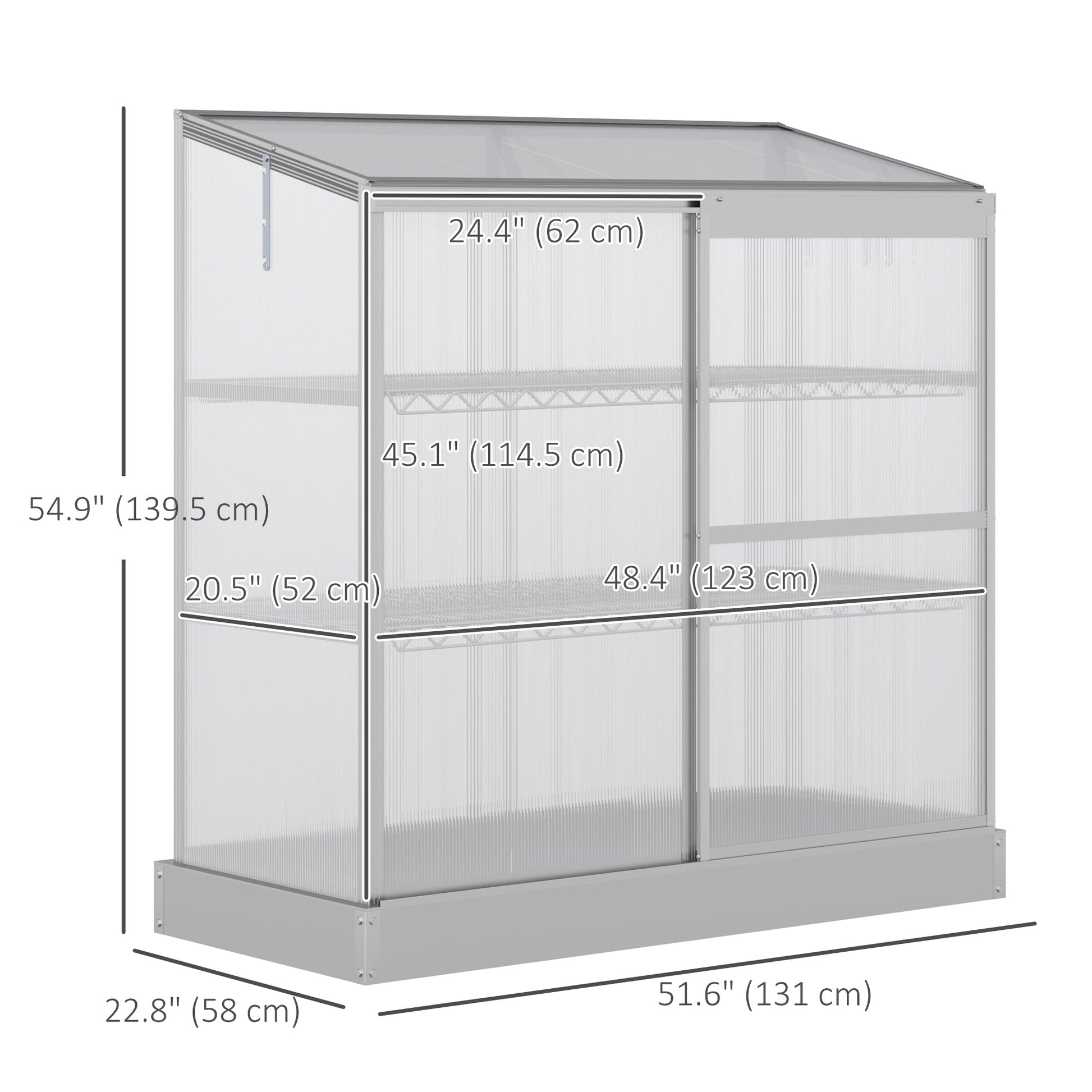 Aluminum Cold Frame Greenhouse, Raised Planter Bed Protection with Openable Top and 2 Shelves for Outdoor Indoor, 52" x 23" x 55", Silver