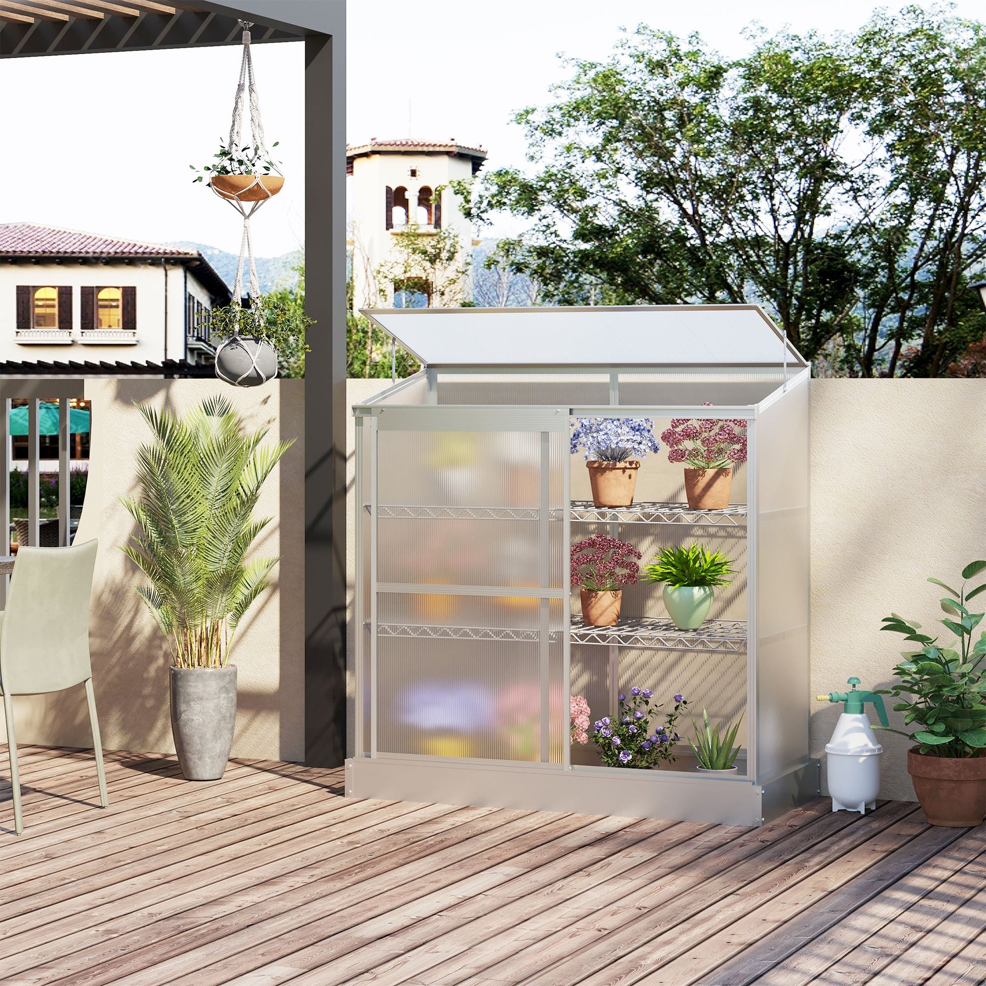 Aluminum Cold Frame Greenhouse, Raised Planter Bed Protection with Openable Top and 2 Shelves for Outdoor Indoor, 52" x 23" x 55", Silver