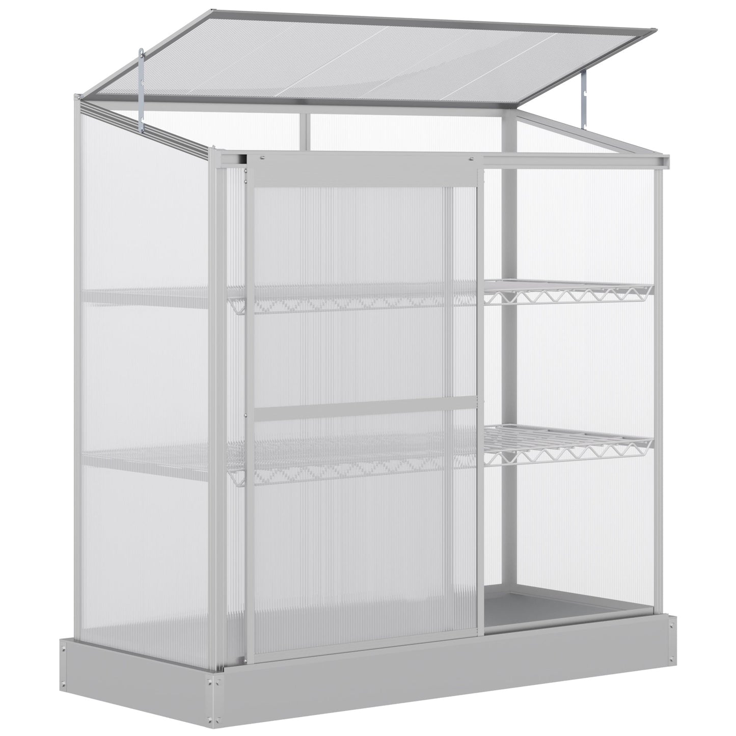 Aluminum Cold Frame Greenhouse, Raised Planter Bed Protection with Openable Top and 2 Shelves for Outdoor Indoor, 52" x 23" x 55", Silver