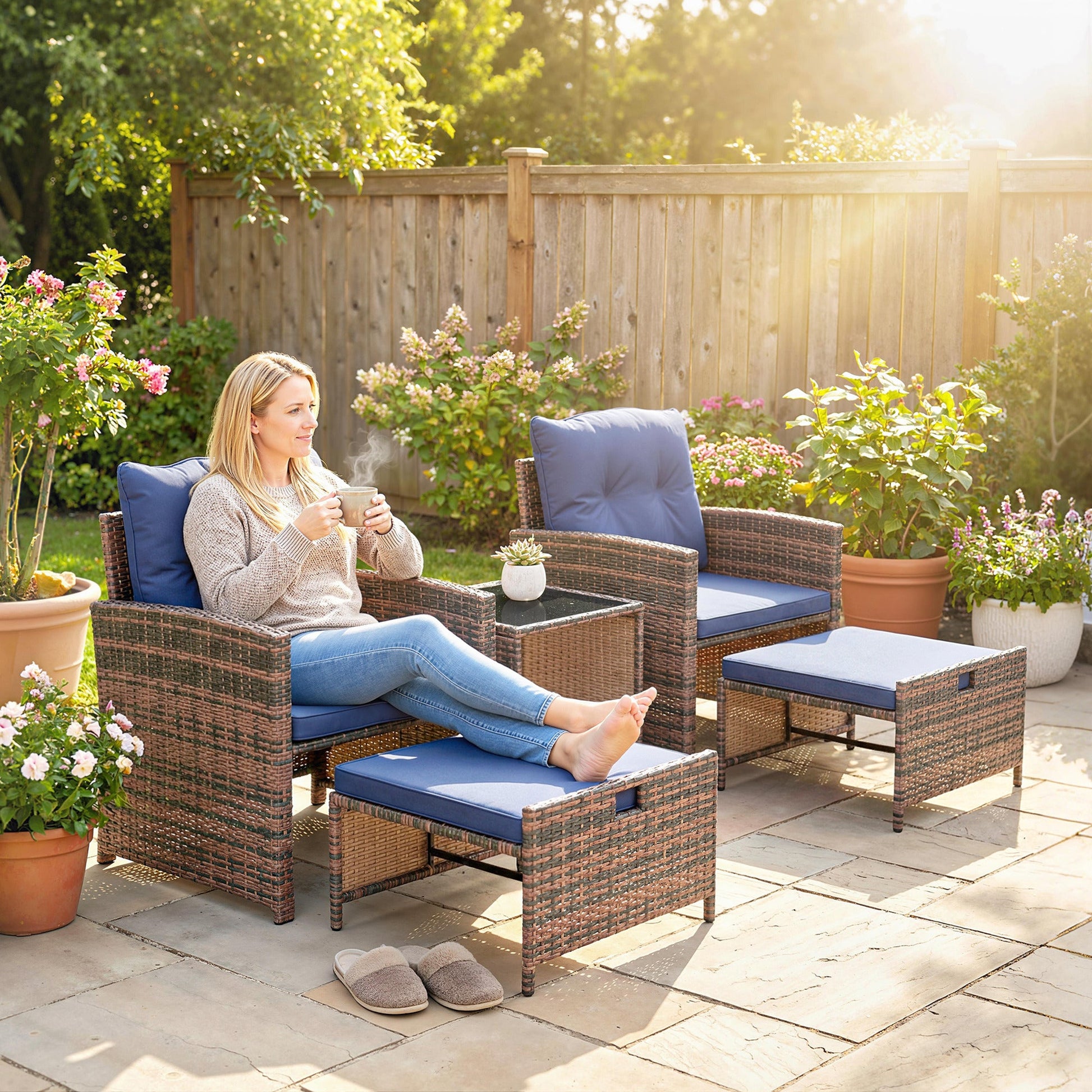 5 Piece Patio Furniture Set, Wicker Patio Chairs with Ottomans, 2-Tier Glass Coffee Table, Cushions, Outdoor Patio Furniture Conversation Set for Balcony, Brown/Dark Blue