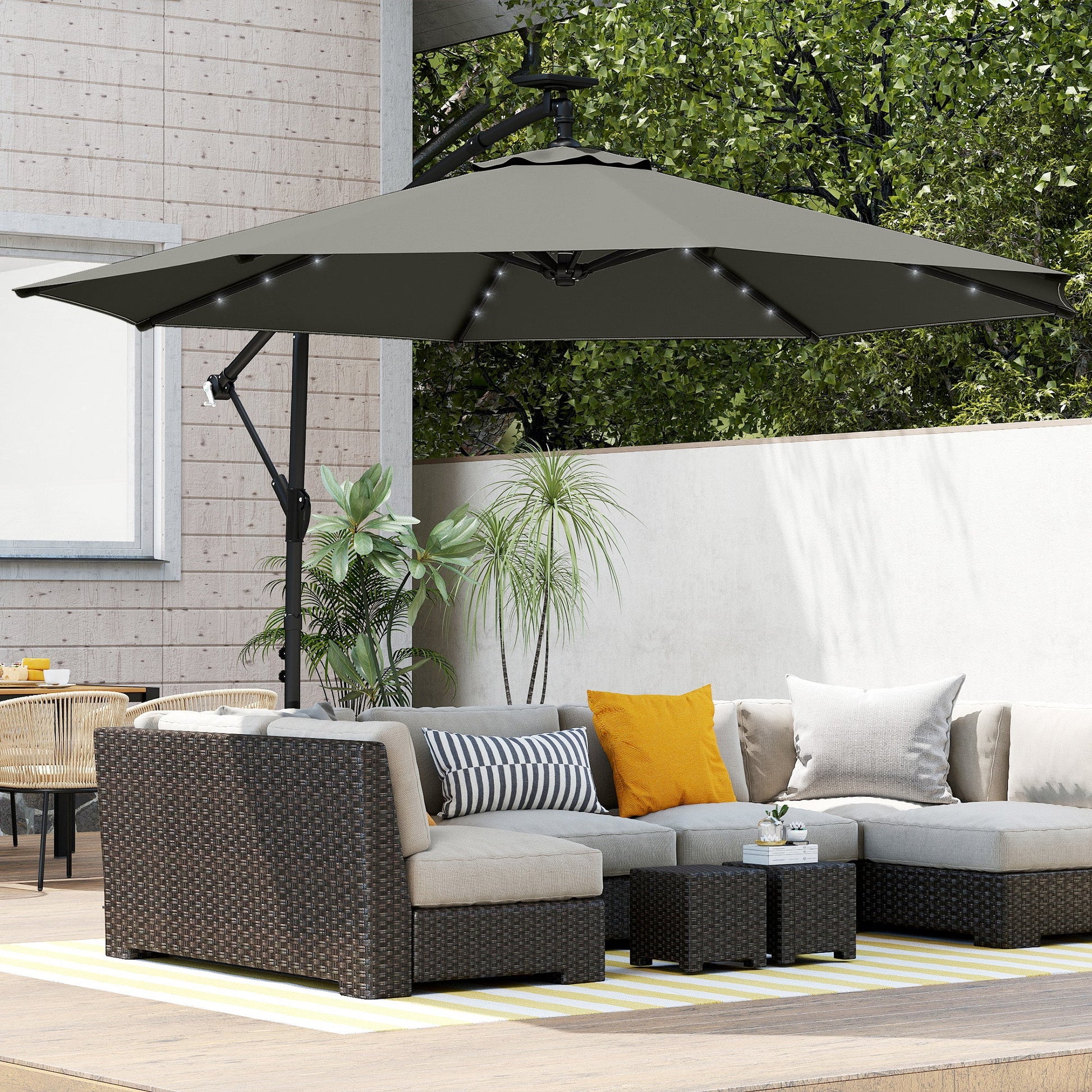 9.7 ft Cantilever Patio Umbrella with Solar LED Light, Cover, Round Offset Hanging Outdoor Umbrella Parasol with Tilt and Crank Handle, Grey