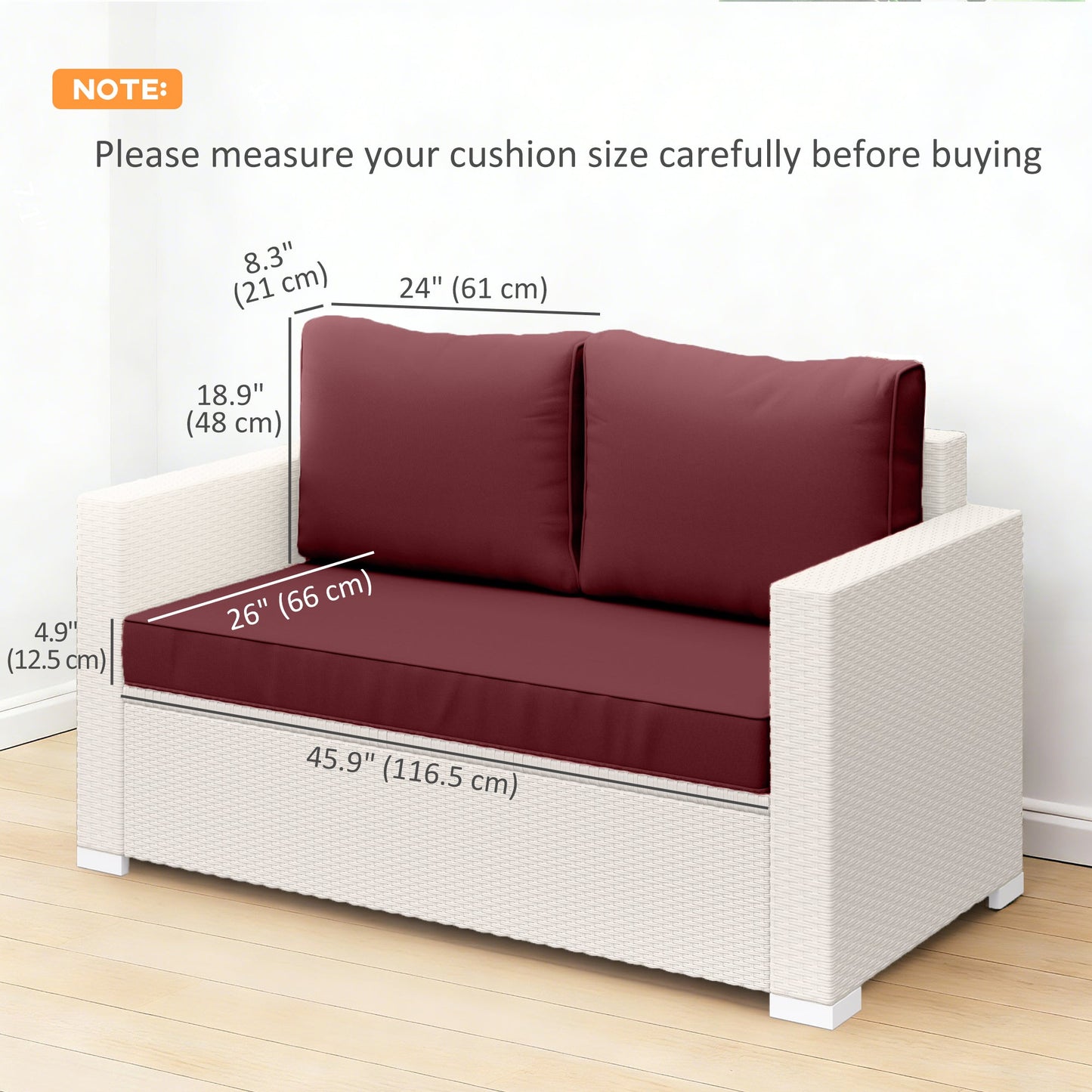 2 Seater Outdoor Seat Cushions with Backrest, Loveseat Double Sofa Outdoor Furniture Cushions, Fade-Resistant Replacement Patio Cushions for Indoor and Outdoor, Wine Red