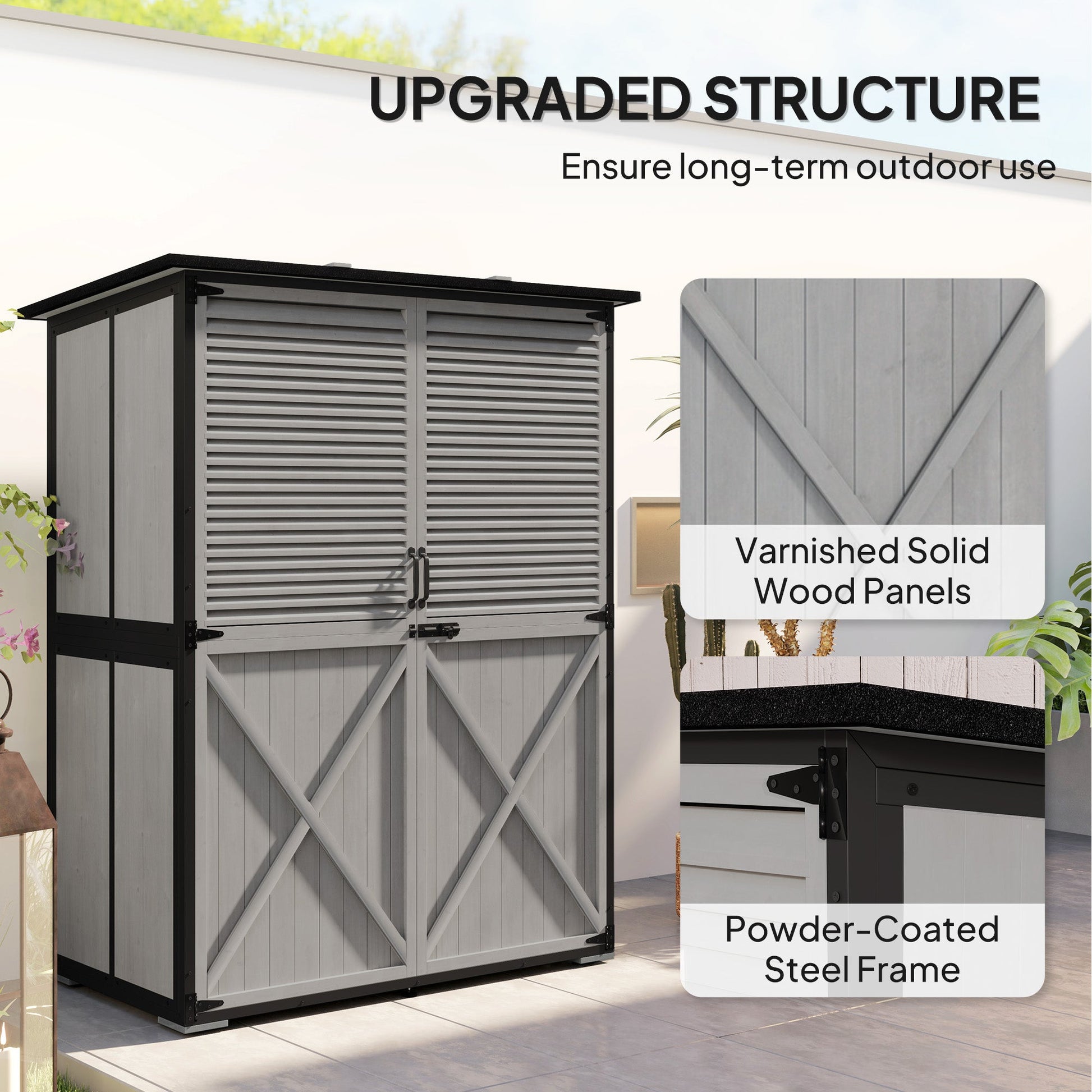 Outdoor Storage Cabinet, Wooden Garden Shed w/ Lock, Steel Frame, Asphalt Roof, Vertical Tool Shed w/ Adjustable Shelves and Feet for Patio Deck, 55" x 29" x 68", Grey