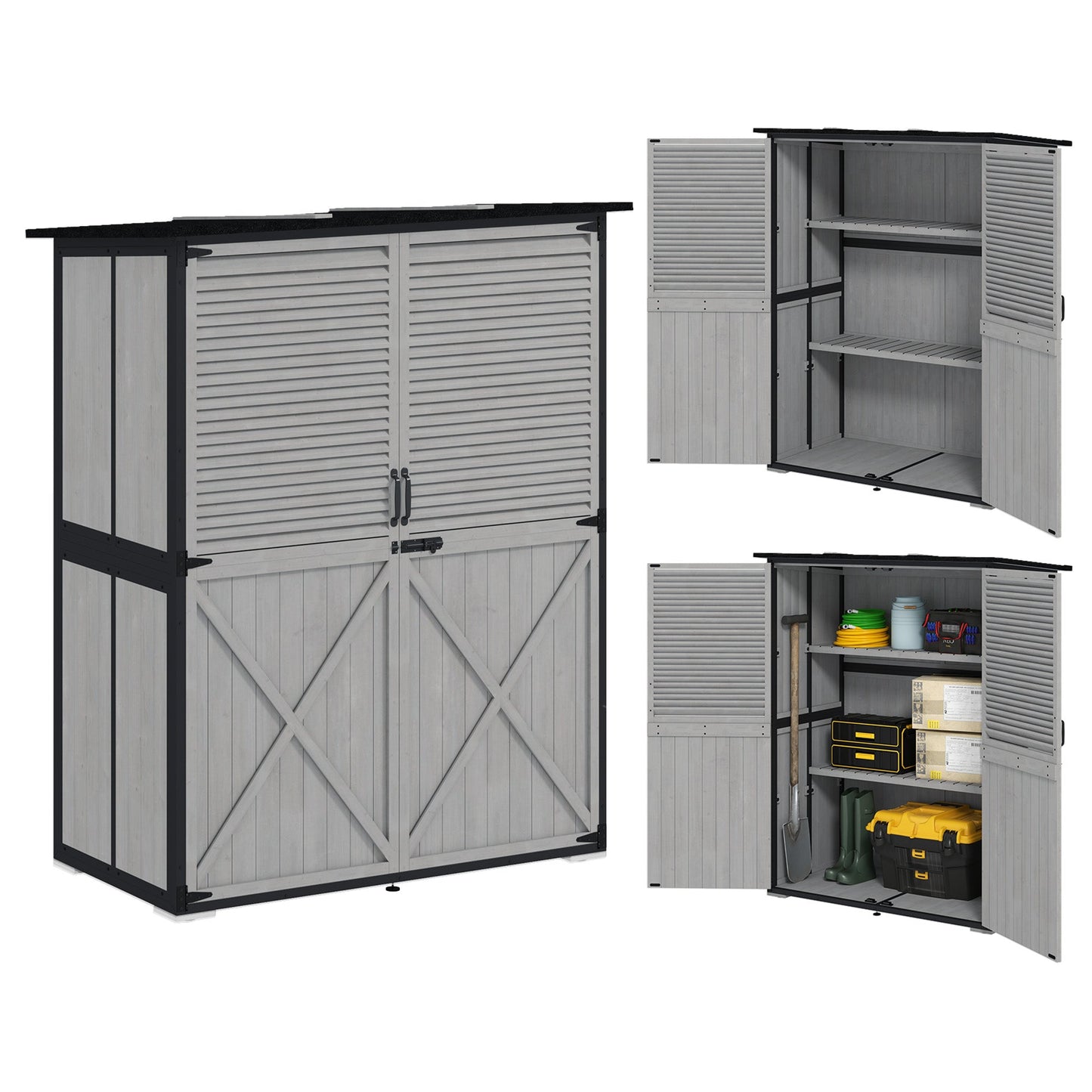 Outdoor Storage Cabinet, Wooden Garden Shed w/ Lock, Steel Frame, Asphalt Roof, Vertical Tool Shed w/ Adjustable Shelves and Feet for Patio Deck, 55" x 29" x 68", Grey