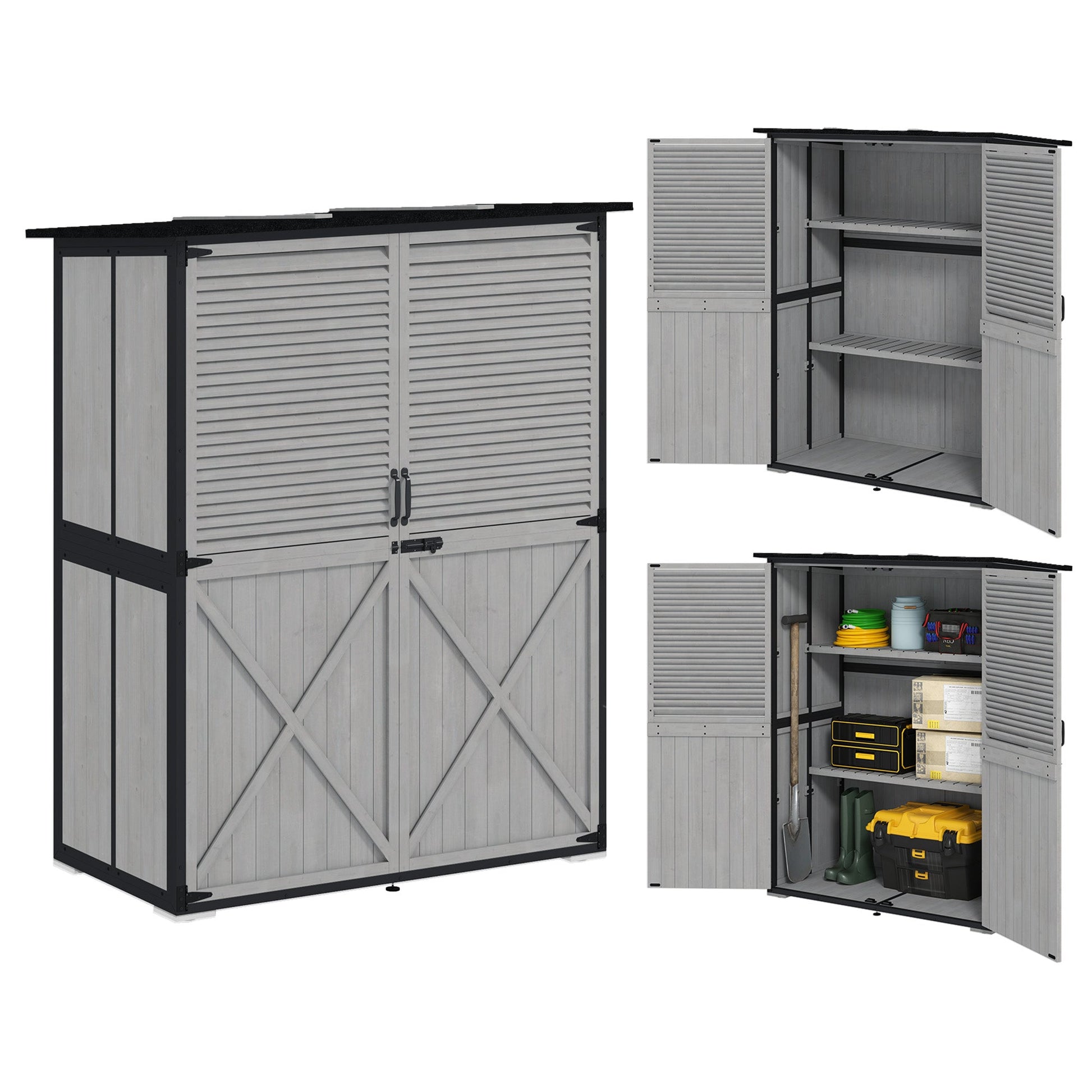 Outdoor Storage Cabinet, Wooden Garden Shed w/ Lock, Steel Frame, Asphalt Roof, Vertical Tool Shed w/ Adjustable Shelves and Feet for Patio Deck, 55" x 29" x 68", Grey