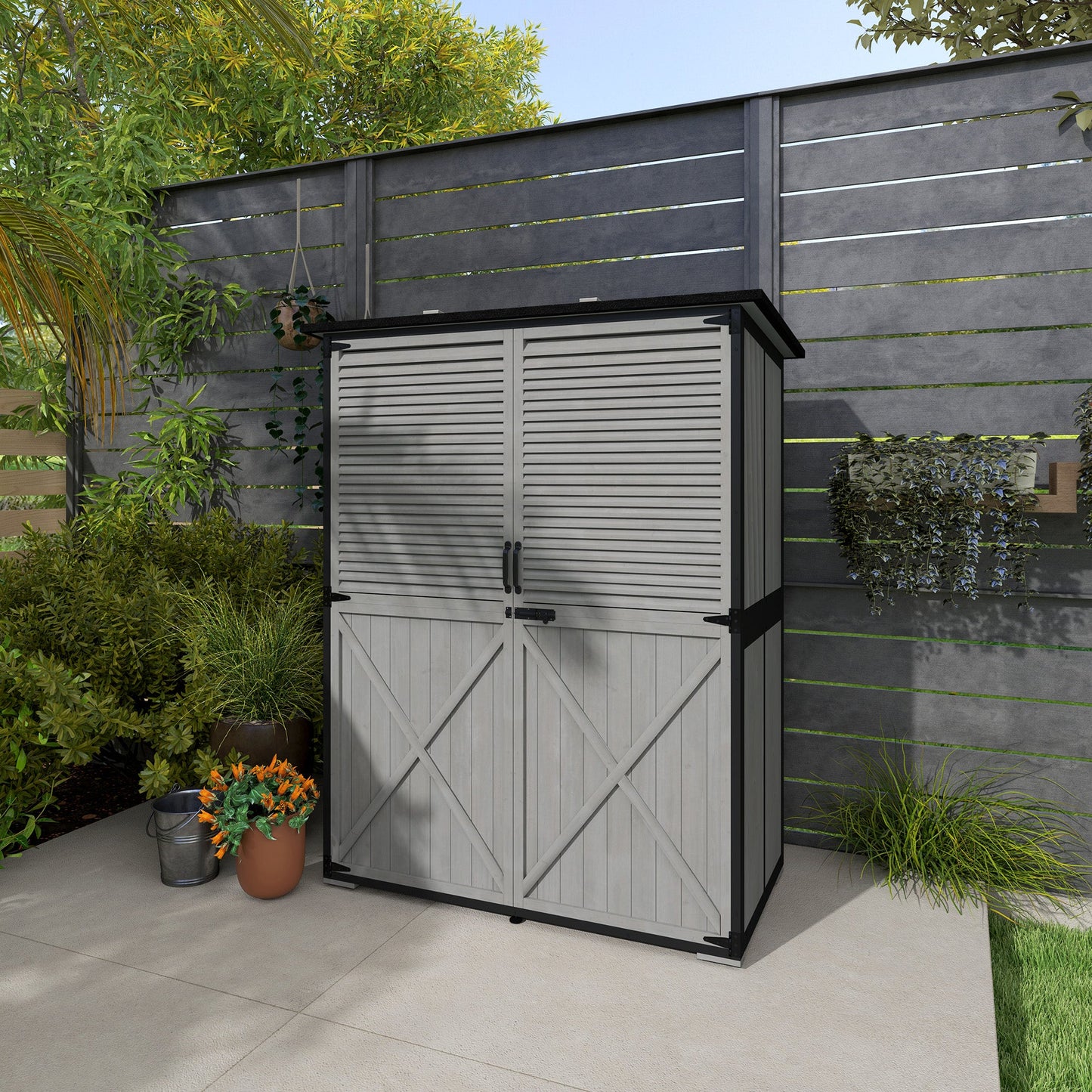 Outdoor Storage Cabinet, Wooden Garden Shed w/ Lock, Steel Frame, Asphalt Roof, Vertical Tool Shed w/ Adjustable Shelves and Feet for Patio Deck, 55" x 29" x 68", Grey