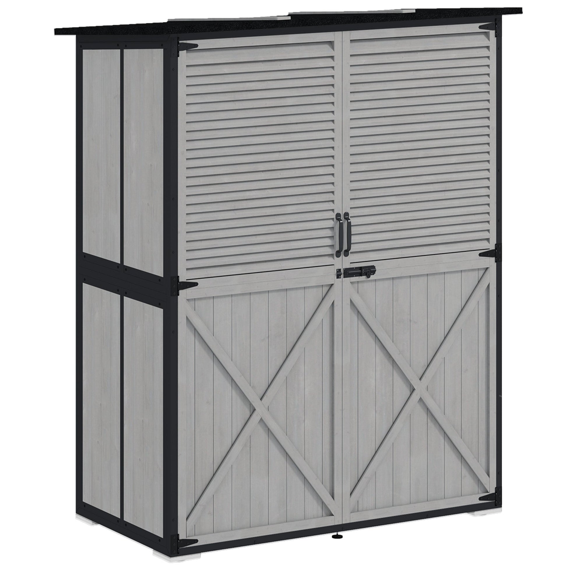 Outdoor Storage Cabinet, Wooden Garden Shed w/ Lock, Steel Frame, Asphalt Roof, Vertical Tool Shed w/ Adjustable Shelves and Feet for Patio Deck, 55" x 29" x 68", Grey