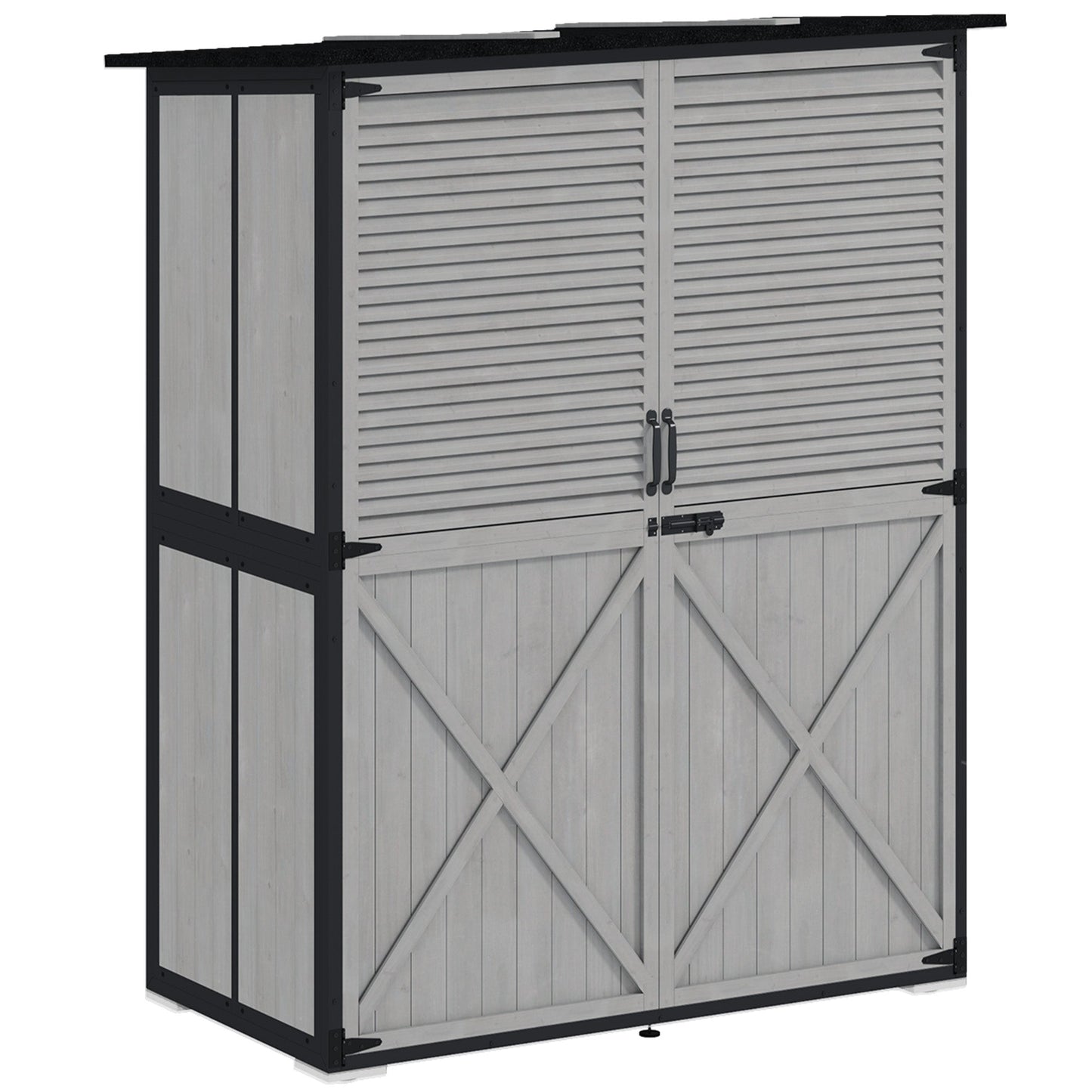 Outdoor Storage Cabinet, Wooden Garden Shed w/ Lock, Steel Frame, Asphalt Roof, Vertical Tool Shed w/ Adjustable Shelves and Feet for Patio Deck, 55" x 29" x 68", Grey