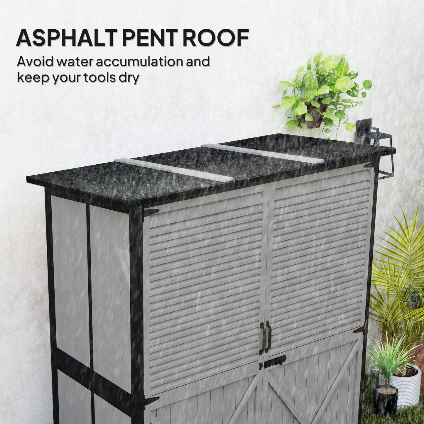 Outdoor Storage Cabinet, Wooden Garden Shed w/ Lock, Steel Frame, Asphalt Roof, Vertical Tool Shed w/ Adjustable Shelves and Feet for Patio Deck, 55" x 29" x 68", Grey