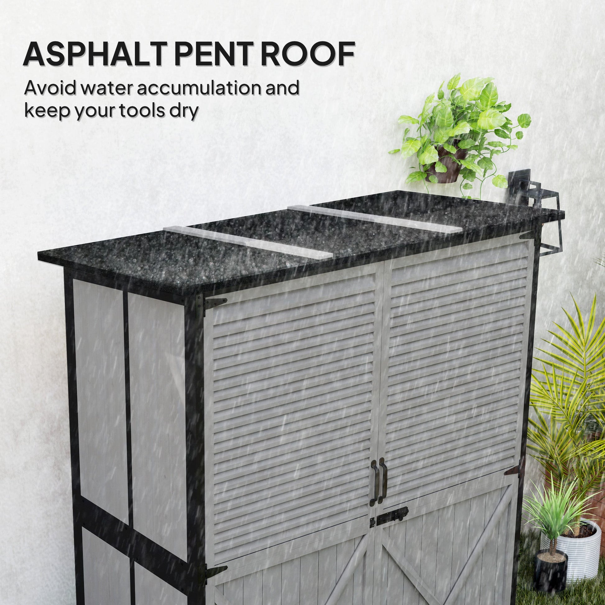 Outdoor Storage Cabinet, Wooden Garden Shed w/ Lock, Steel Frame, Asphalt Roof, Vertical Tool Shed w/ Adjustable Shelves and Feet for Patio Deck, 55" x 29" x 68", Grey